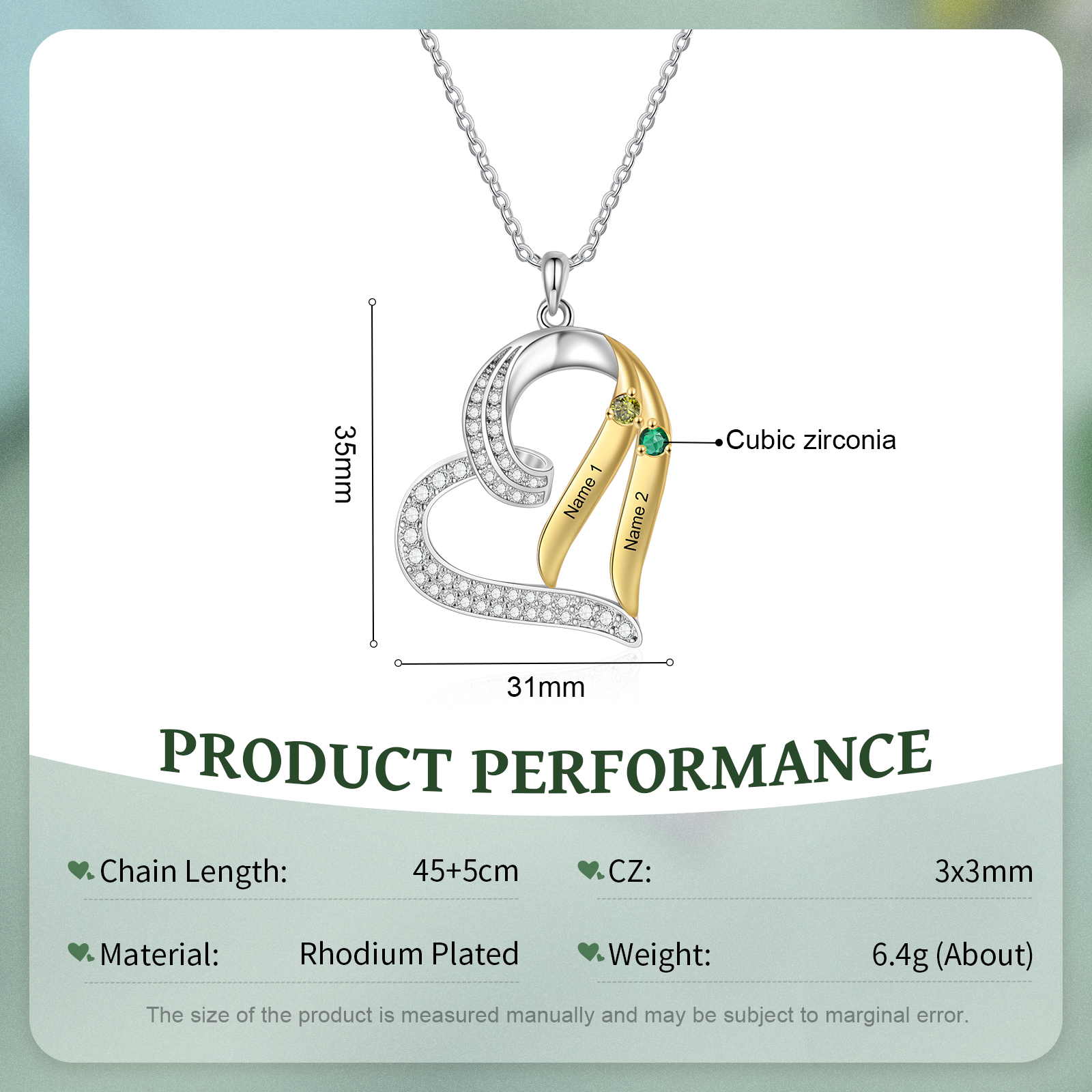 Personalised Heart Necklace with 2 Names & 2 Birthstones Jewelry Pendant Christmas Gift for Her | Jessemade