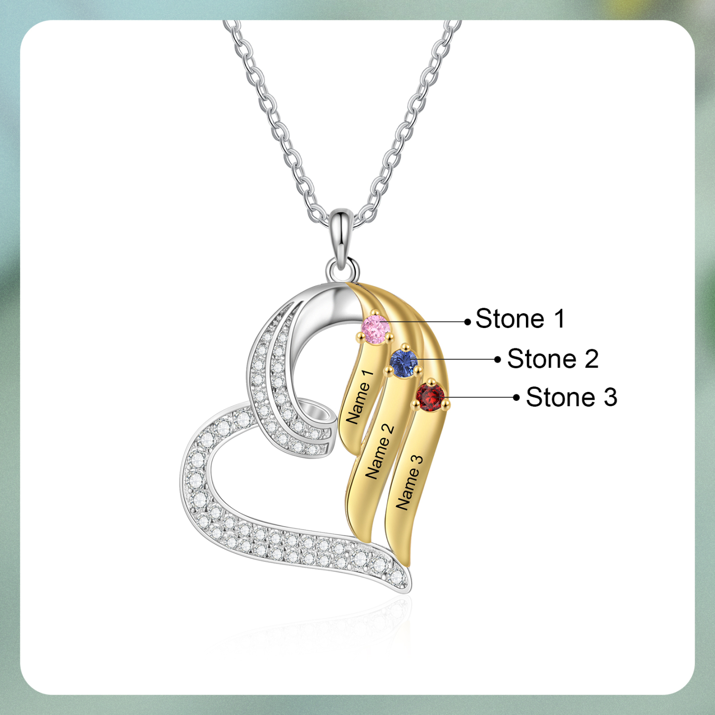 Personalised Heart Necklace with 3 Names & 3 Birthstones Jewelry Pendant Christmas Gift for Her | Jessemade