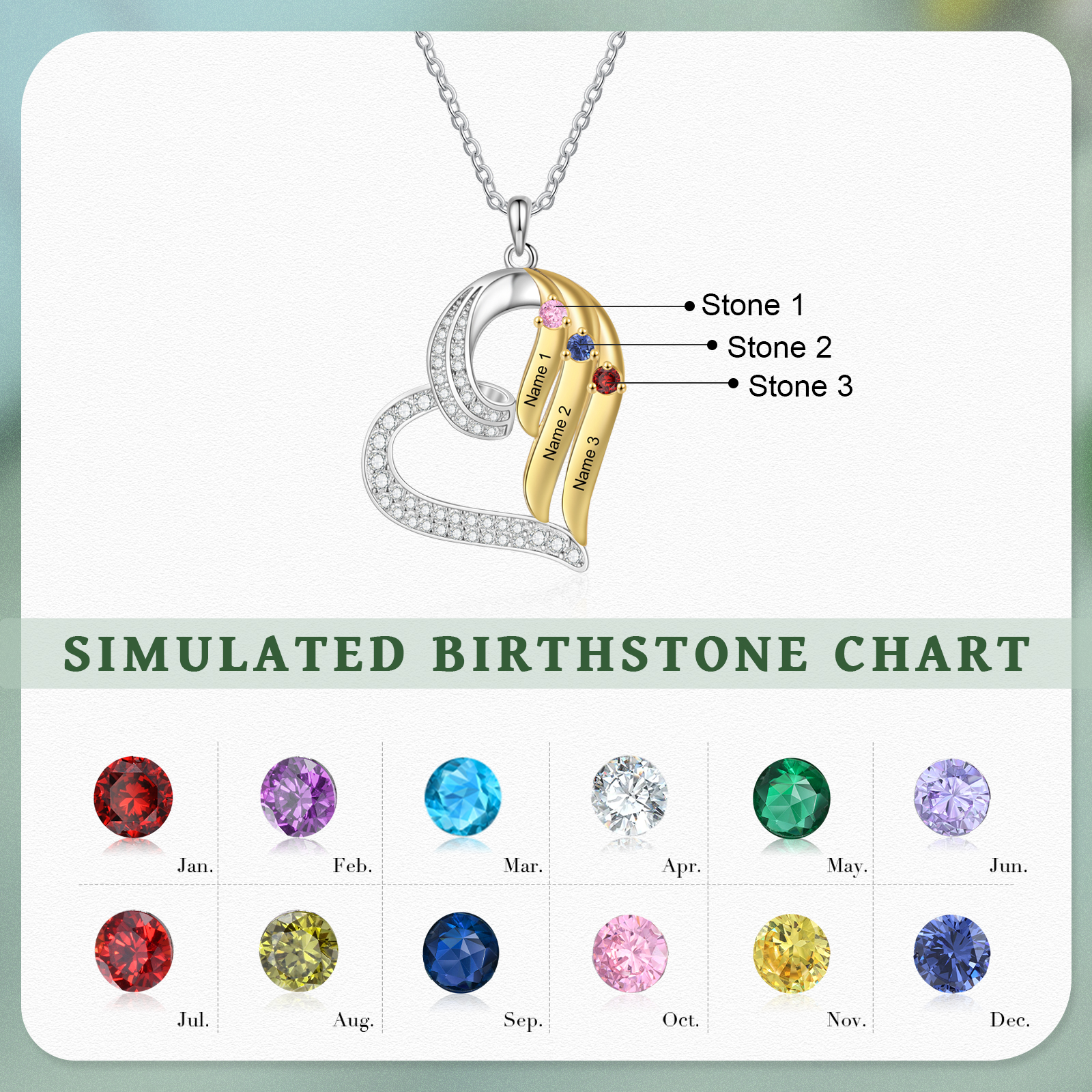 Personalised Heart Necklace with 3 Names & 3 Birthstones Jewelry Pendant Christmas Gift for Her | Jessemade
