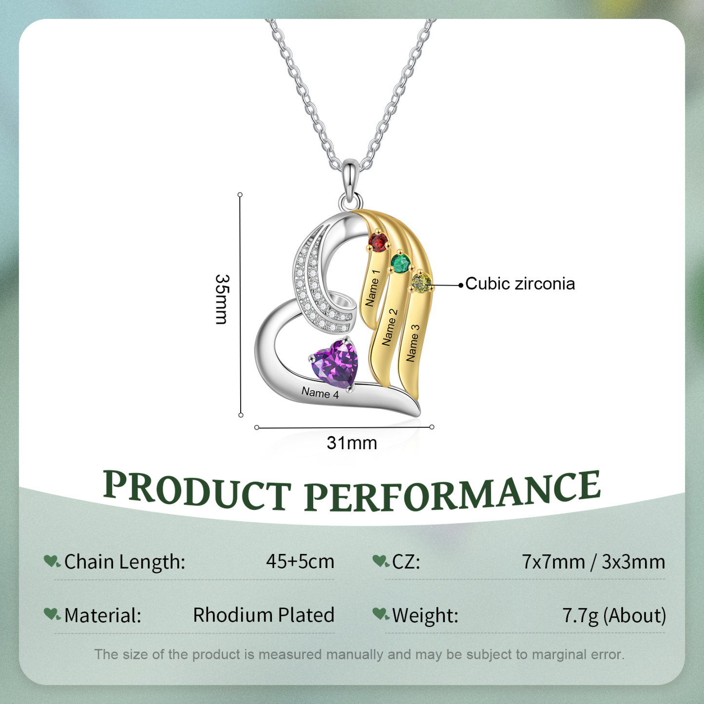 Personalised Heart Necklace with 4 Names & 4 Birthstones Jewelry Pendant Christmas Gift for Her | Jessemade