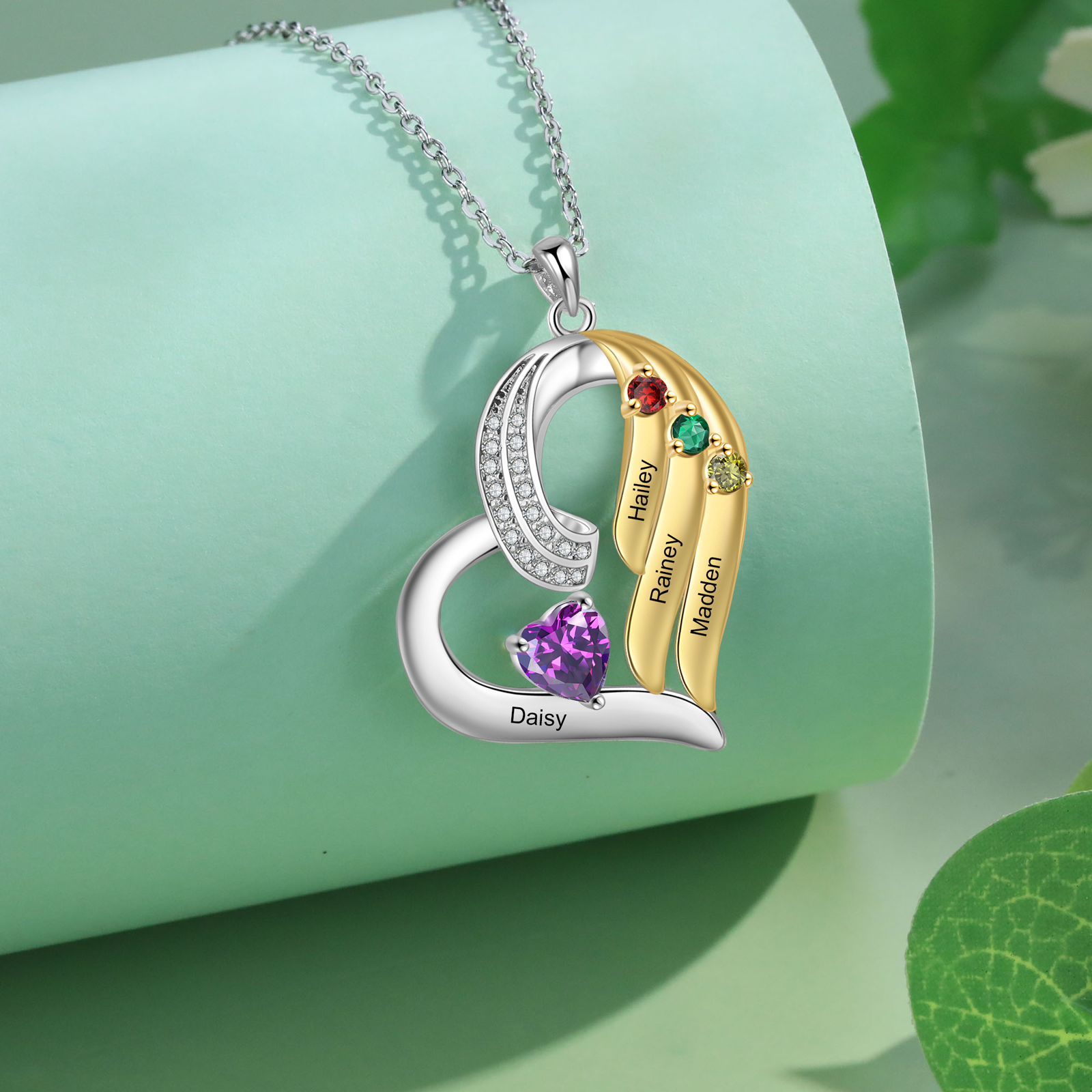 Personalised Heart Necklace with 4 Names & 4 Birthstones Jewelry Pendant Christmas Gift for Her | Jessemade