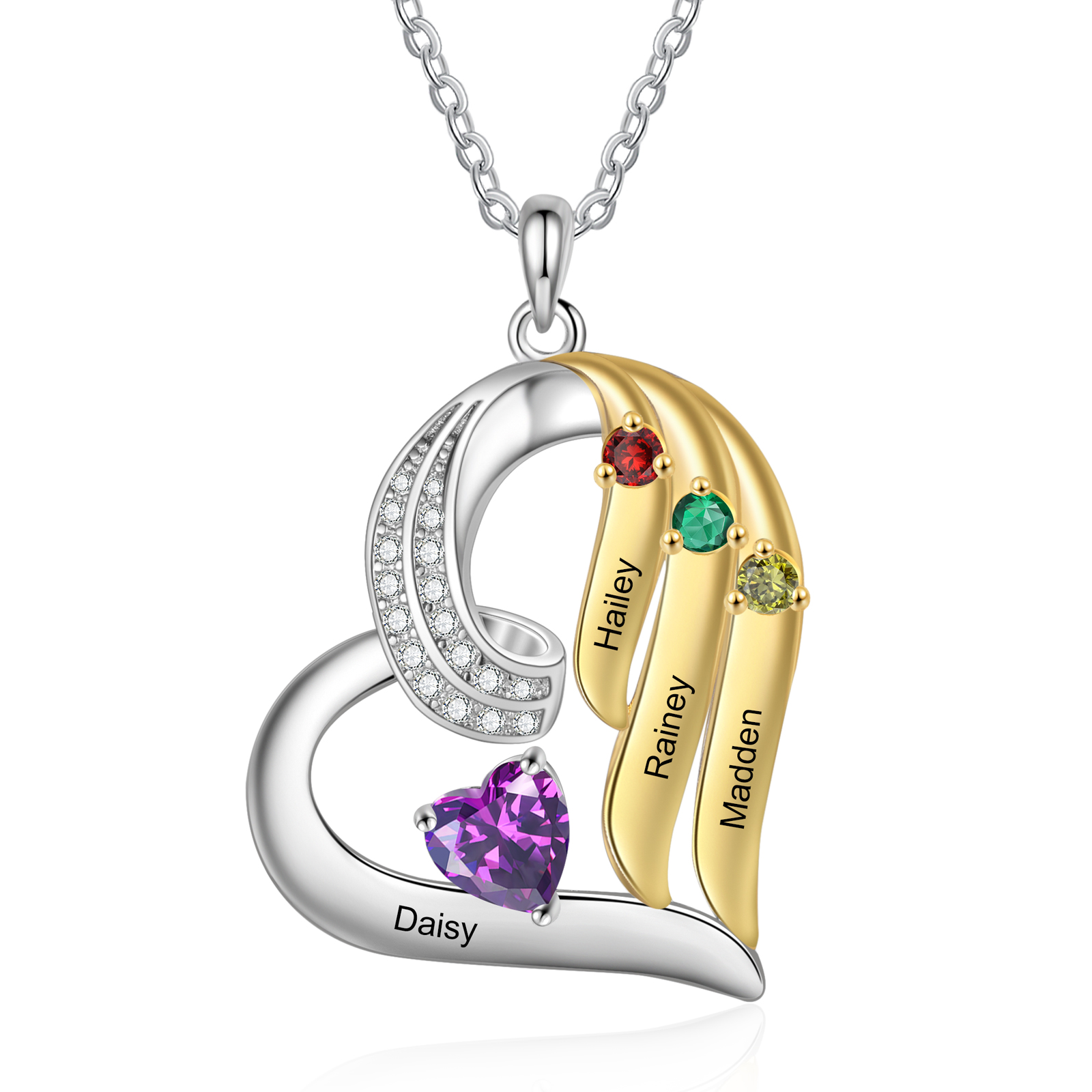 Personalised Heart Necklace with 4 Names & 4 Birthstones Jewelry Pendant Christmas Gift for Her | Jessemade