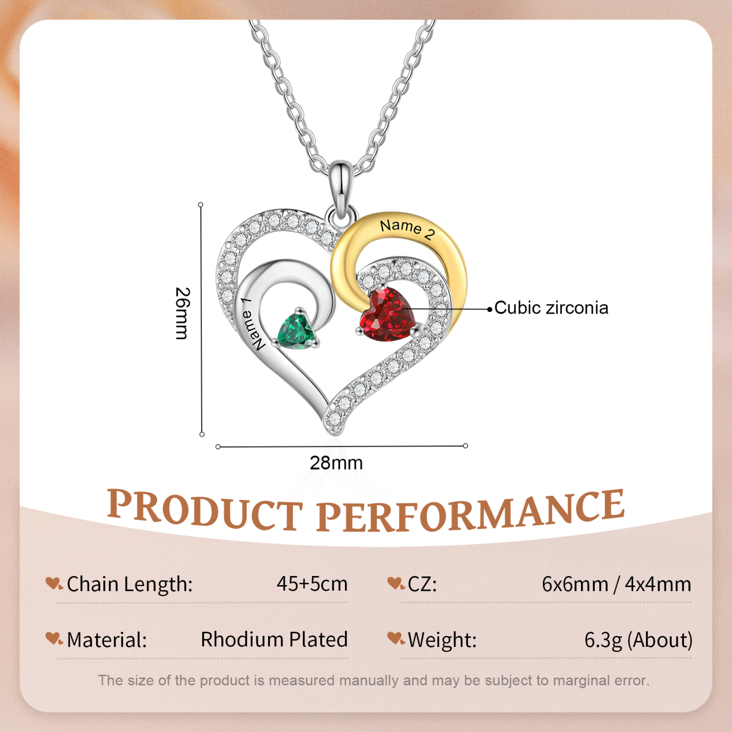 Personalised Birthstone Necklace with 2 Birthstones & 2 Names Heart Pendant Christmas Gift for Her | Jessemade