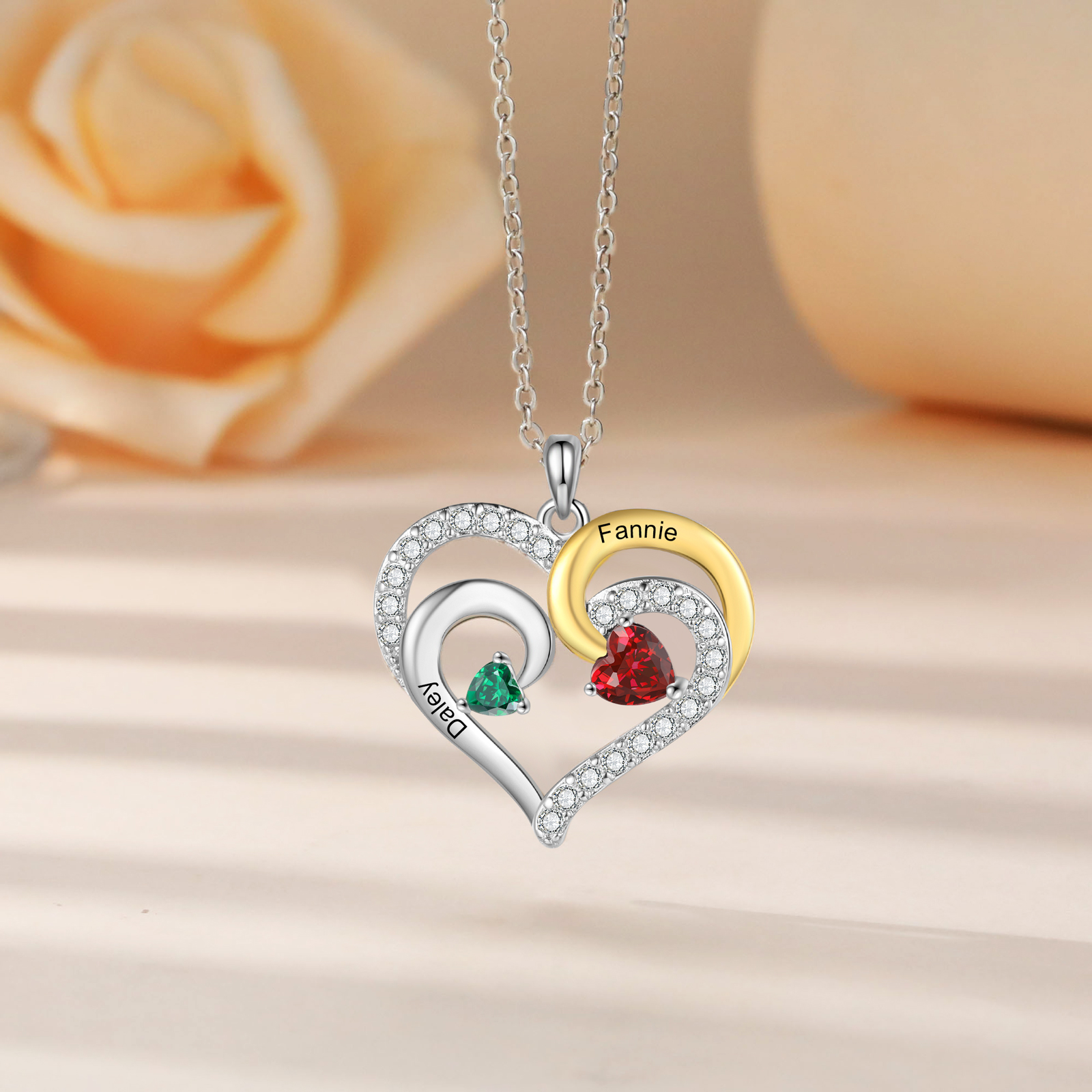 Personalised Birthstone Necklace with 2 Birthstones & 2 Names Heart Pendant Christmas Gift for Her | Jessemade