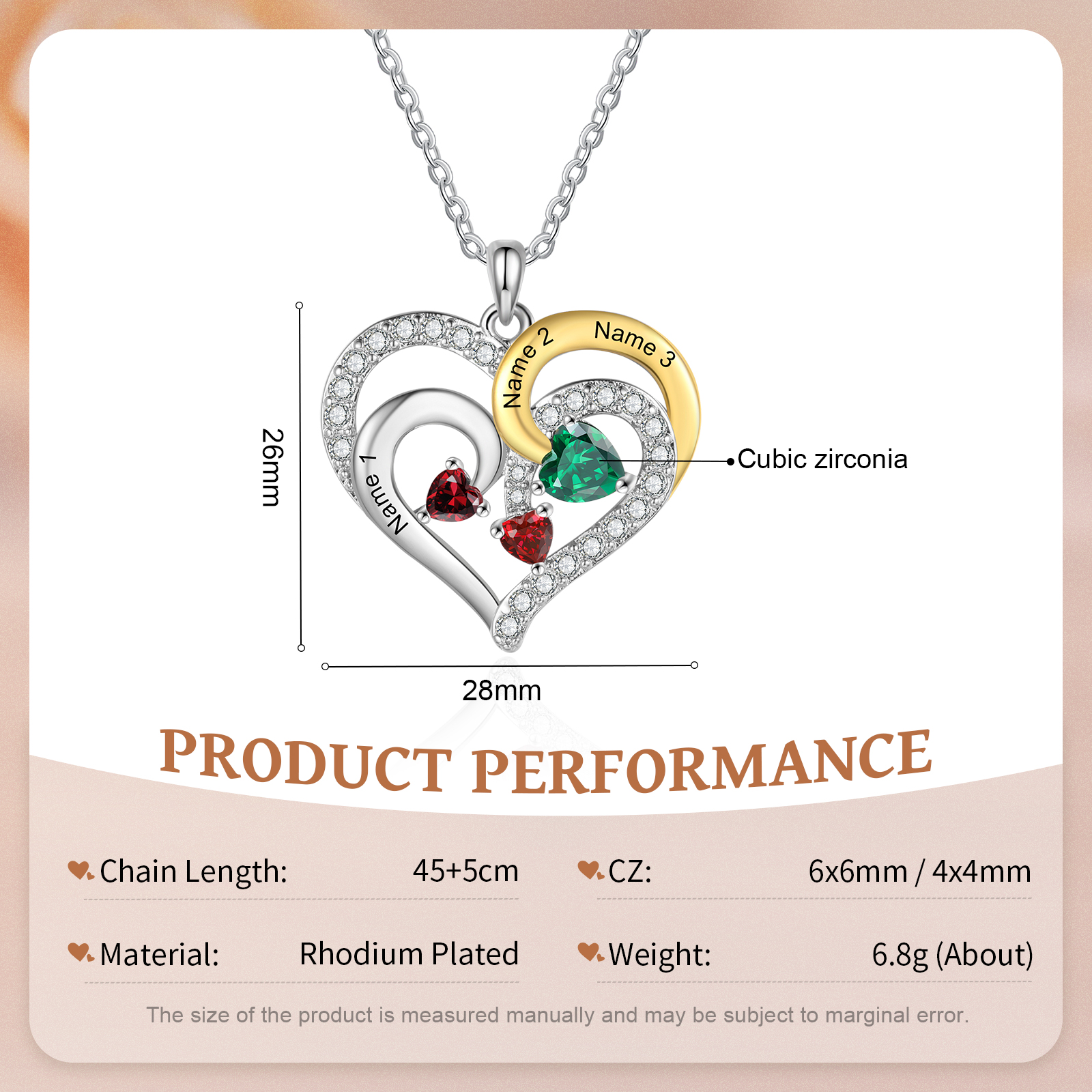 Personalised Birthstone Necklace with 3 Birthstones & 3 Names Heart Pendant Christmas Gift for Her | Jessemade