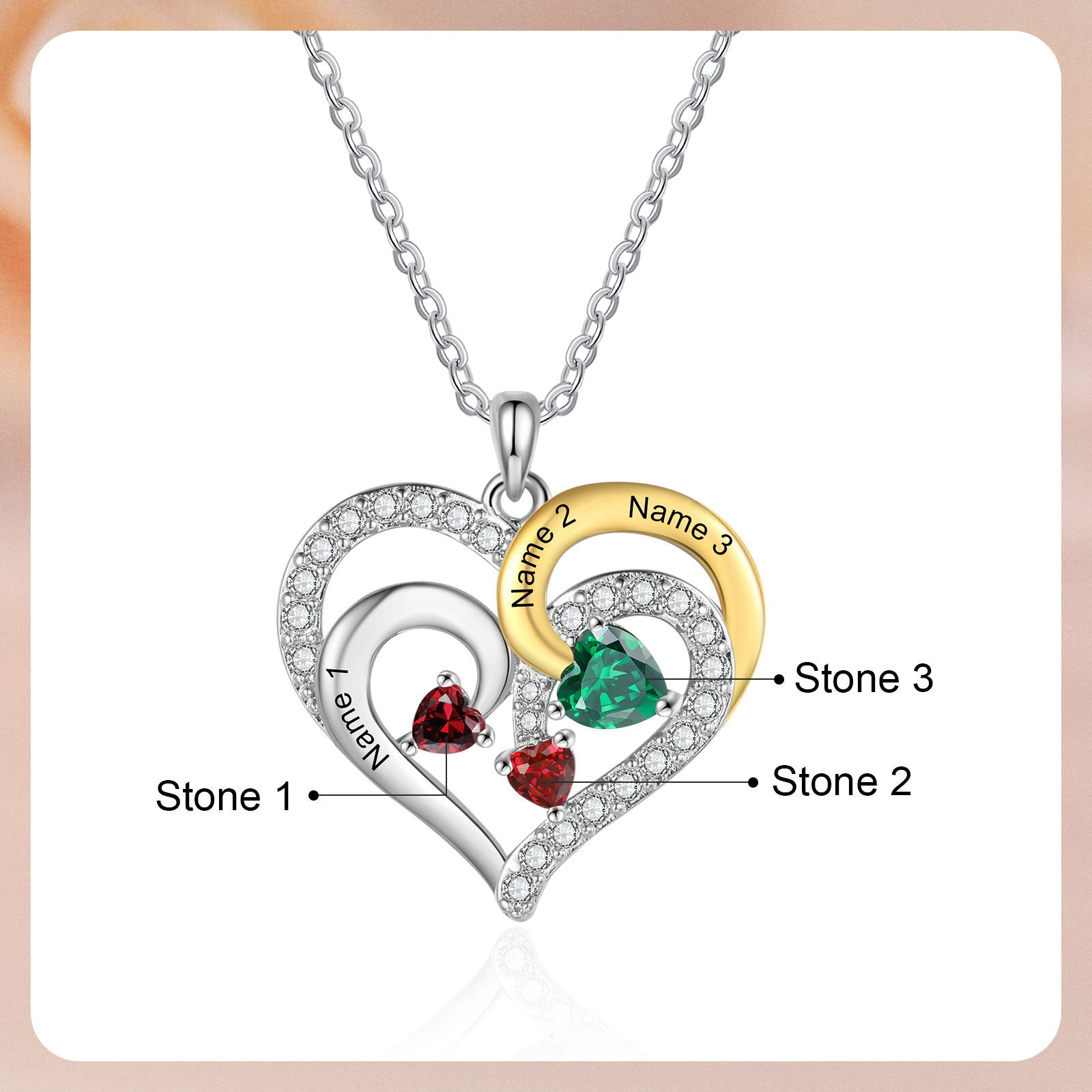 Personalised Birthstone Necklace with 3 Birthstones & 3 Names Heart Pendant Christmas Gift for Her | Jessemade