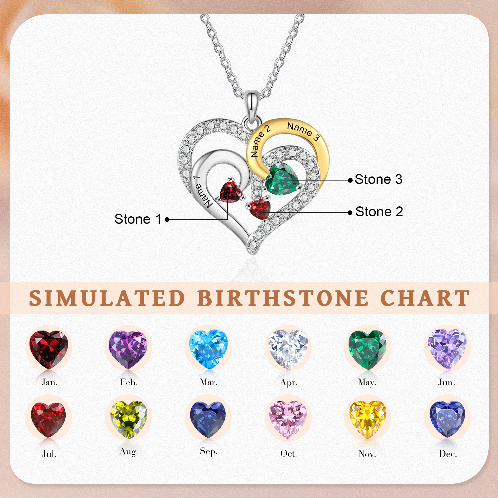 Personalised Birthstone Necklace with 3 Birthstones & 3 Names Heart Pendant Christmas Gift for Her | Jessemade