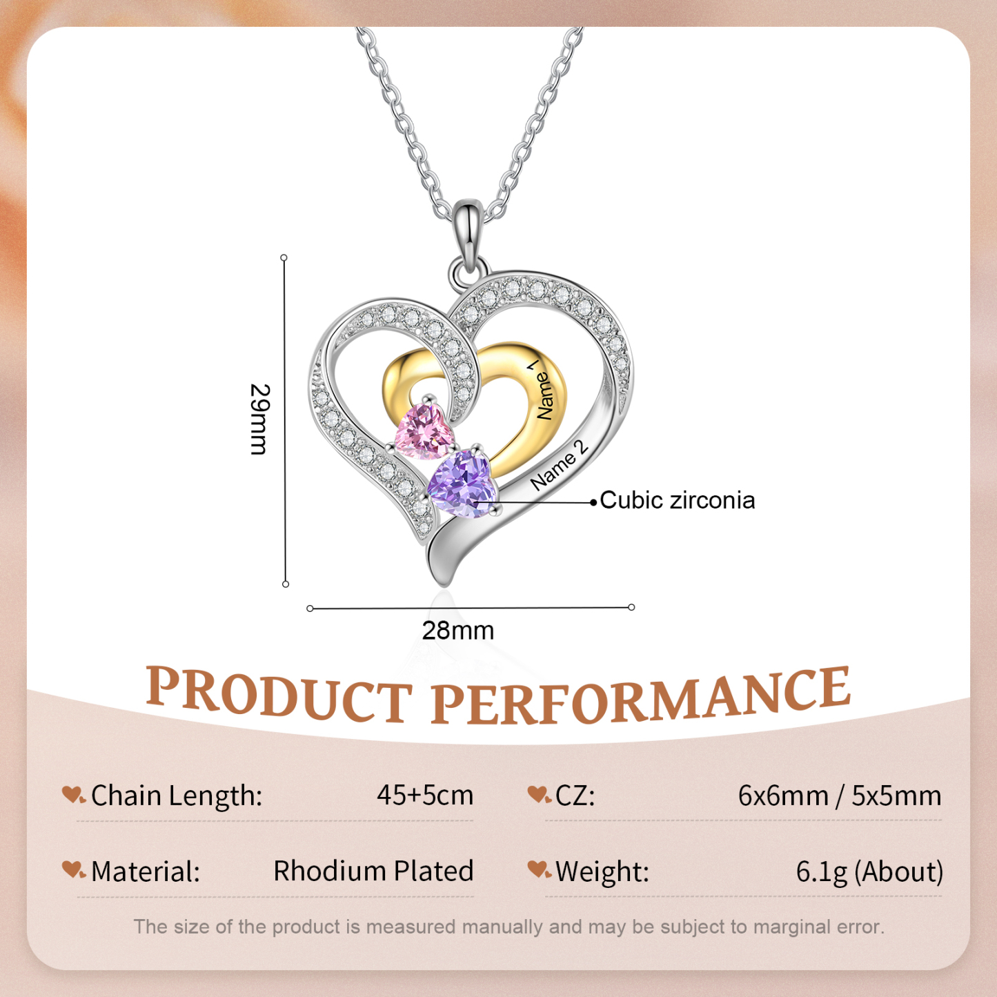 Personalised Double Heart Necklace with 2 Names & 2 Birthstones Jewelry Pendant for Her | Jessemade