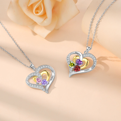 Personalised Double Heart Necklace with 2 Names & 2 Birthstones Jewelry Pendant for Her | Jessemade