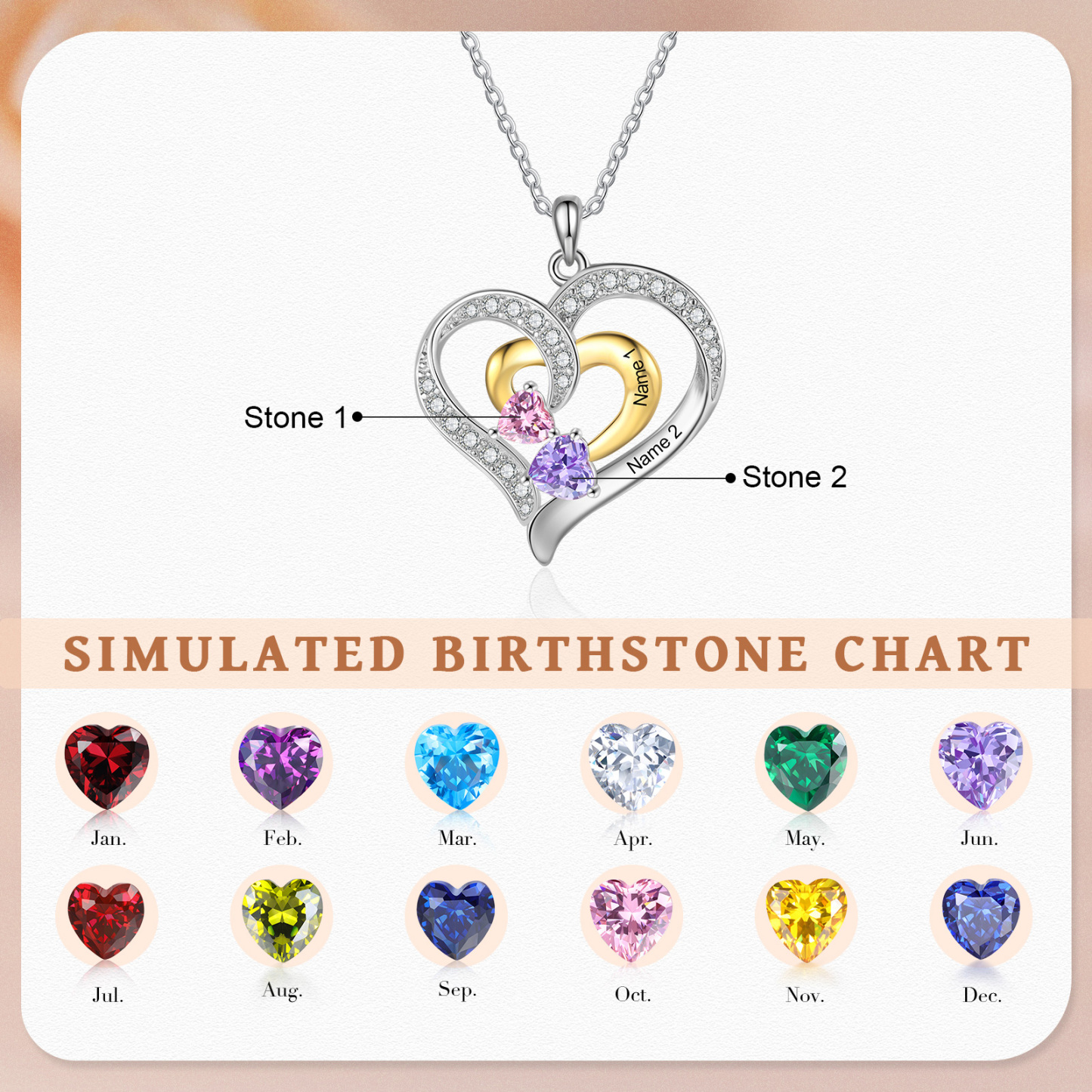 Personalised Double Heart Necklace with 2 Names & 2 Birthstones Jewelry Pendant for Her | Jessemade