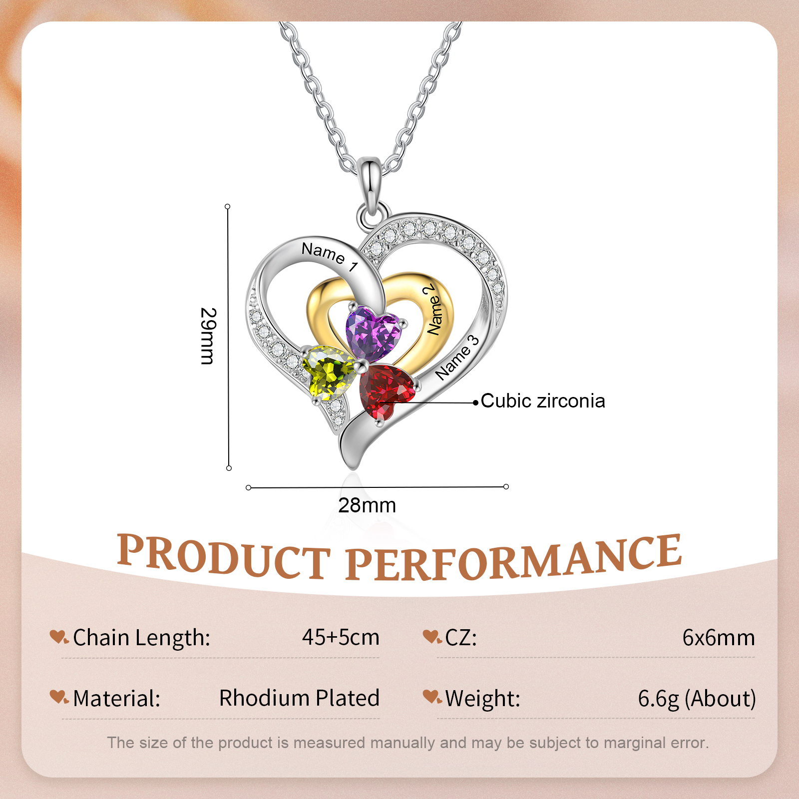 Personalised Double Heart Necklace with 3 Names & 3 Birthstones Jewelry Pendant for Her | Jessemade