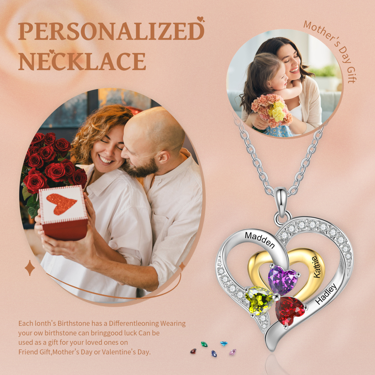 Personalised Double Heart Necklace with 3 Names & 3 Birthstones Jewelry Pendant for Her | Jessemade