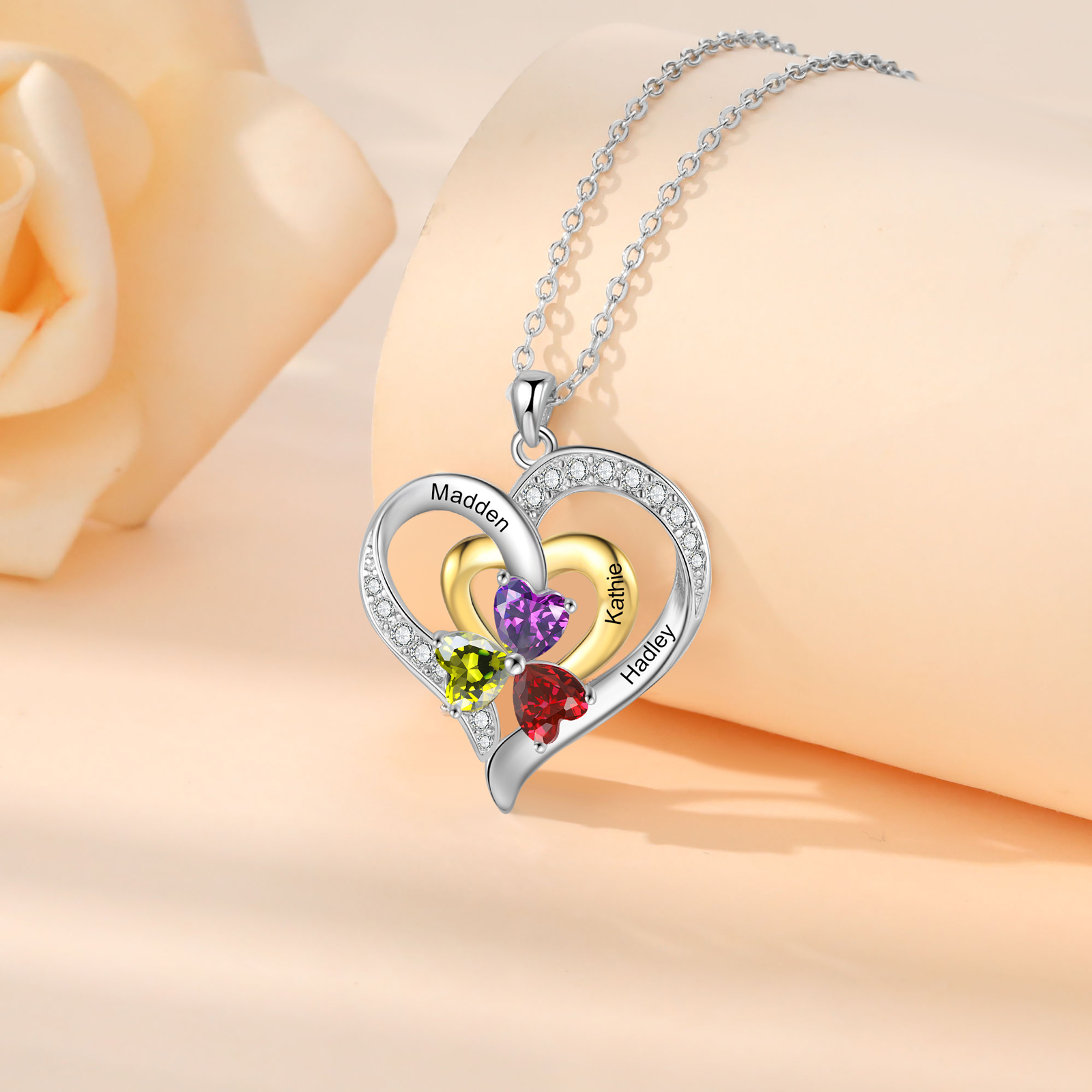 Personalised Double Heart Necklace with 3 Names & 3 Birthstones Jewelry Pendant for Her | Jessemade