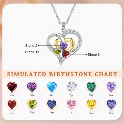Personalised Double Heart Necklace with 3 Names & 3 Birthstones Jewelry Pendant for Her | Jessemade
