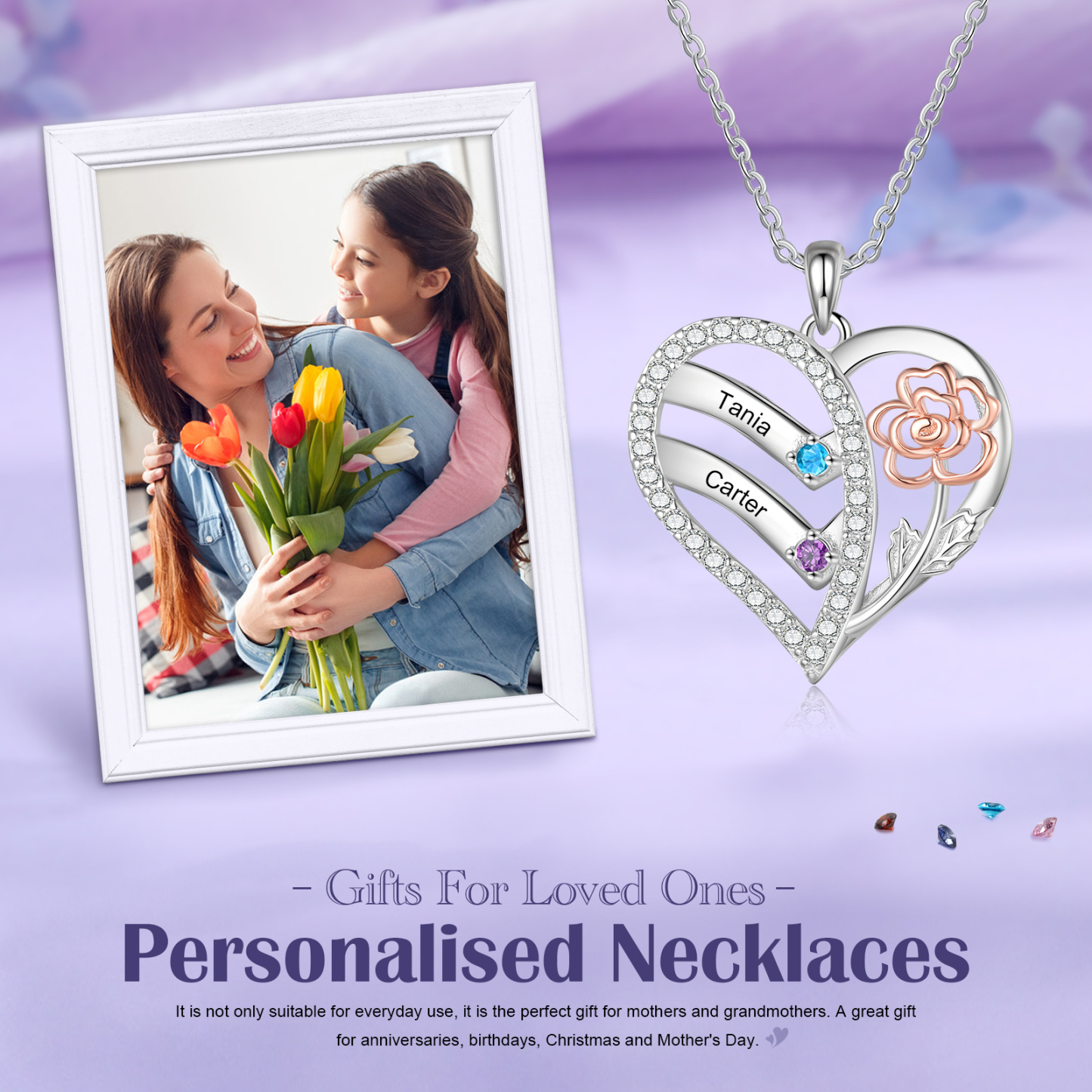 Personalised Heart Birthstone Necklace – Custom 2 Names & 2 Birthstones - Christmas Gift for Her | Jessemade