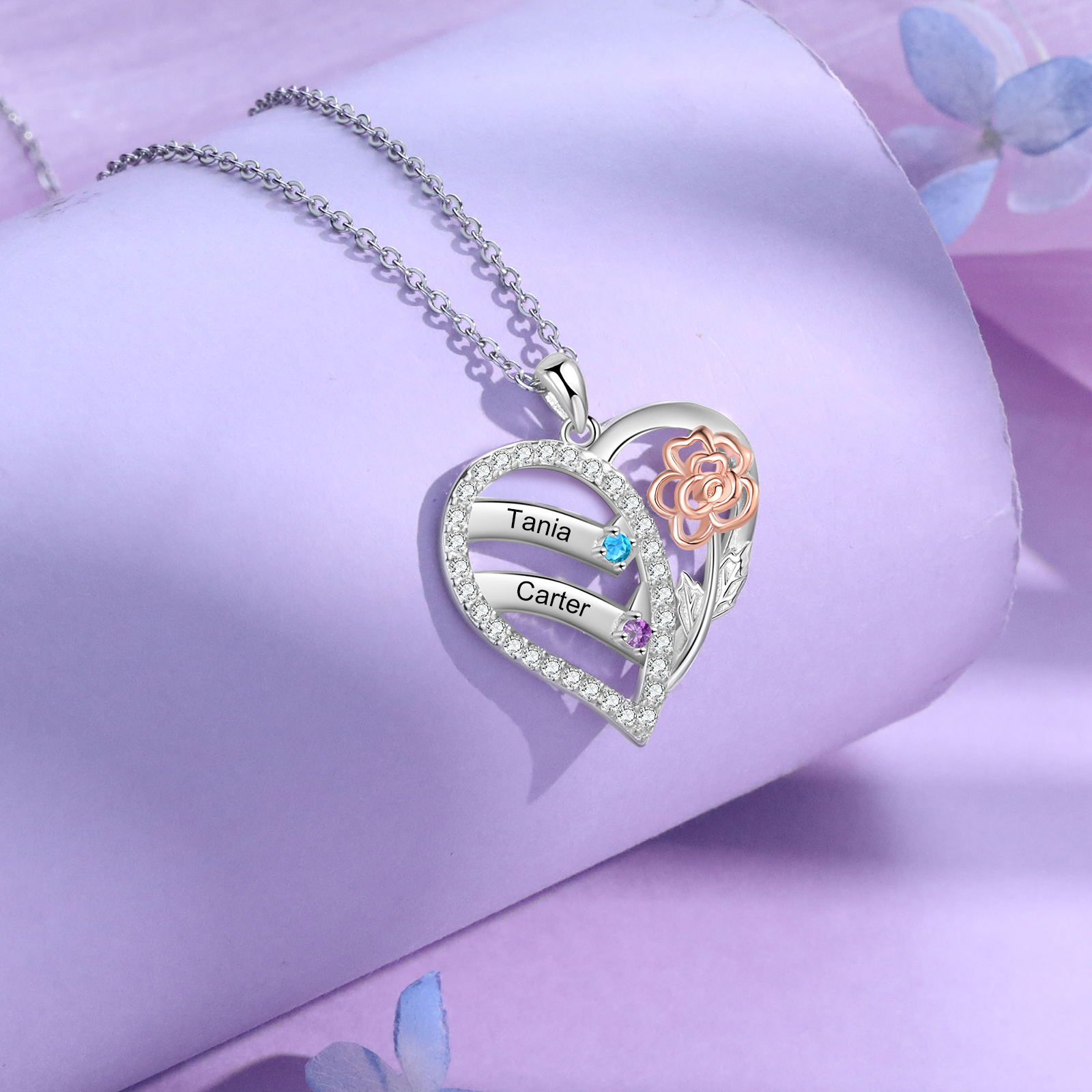 Personalised Heart Birthstone Necklace – Custom 2 Names & 2 Birthstones - Christmas Gift for Her | Jessemade