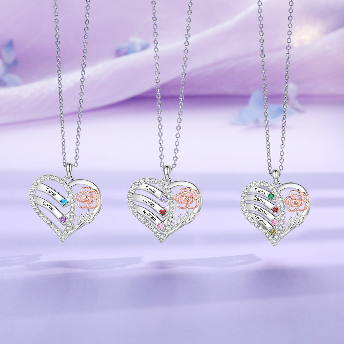 Personalised Heart Birthstone Necklace – Custom 2 Names & 2 Birthstones - Christmas Gift for Her | Jessemade