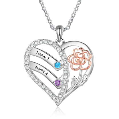 Personalised Heart Birthstone Necklace – Custom 2 Names & 2 Birthstones - Christmas Gift for Her | Jessemade