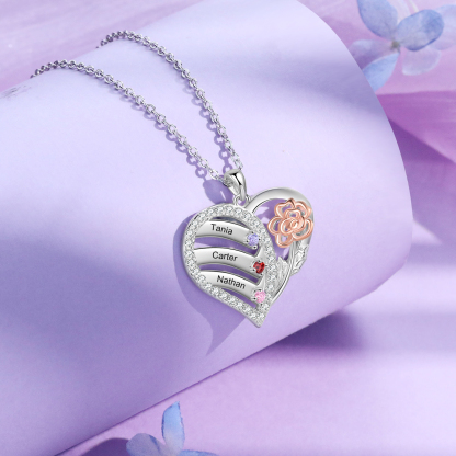 Personalised Heart Birthstone Necklace – Custom 3 Names & 3 Birthstones - Christmas Gift for Her | Jessemade