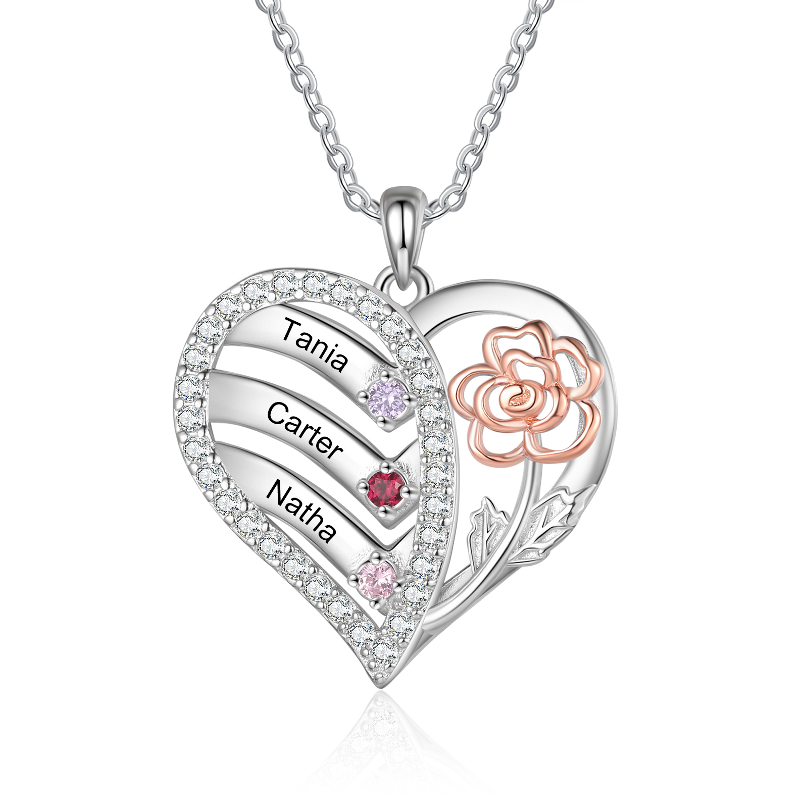 Personalised Heart Birthstone Necklace – Custom 3 Names & 3 Birthstones - Christmas Gift for Her | Jessemade