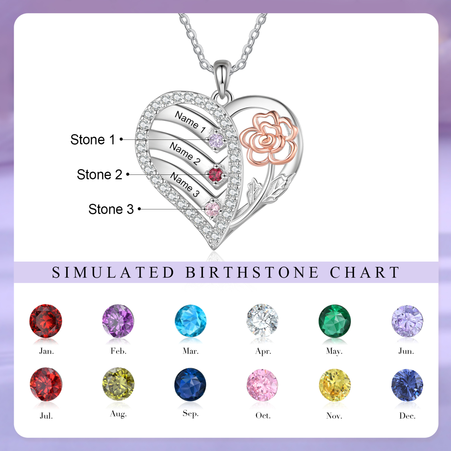 Personalised Heart Birthstone Necklace – Custom 3 Names & 3 Birthstones - Christmas Gift for Her | Jessemade