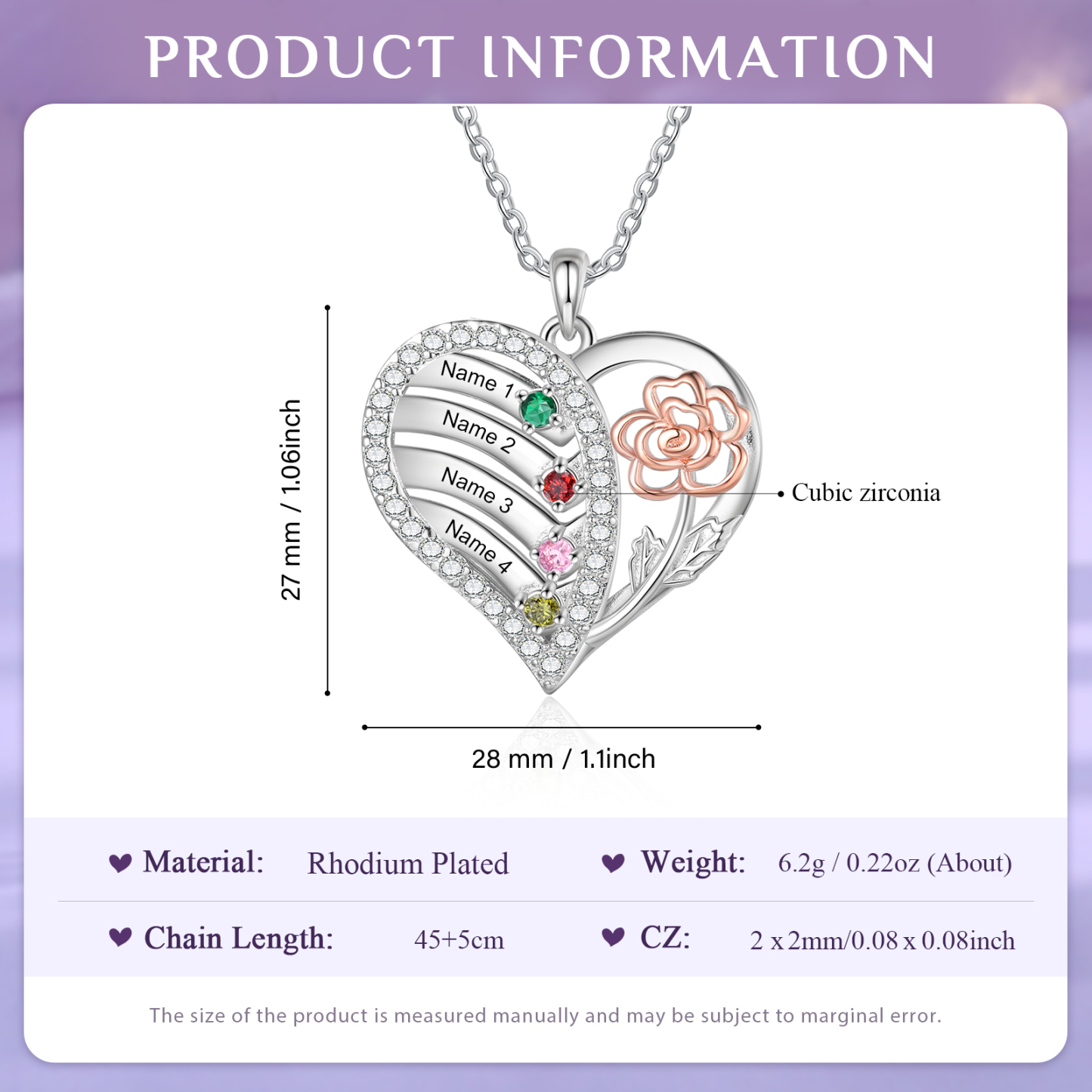 Personalised Heart Birthstone Necklace – Custom 4 Names & 4 Birthstones - Christmas Gift for Her | Jessemade