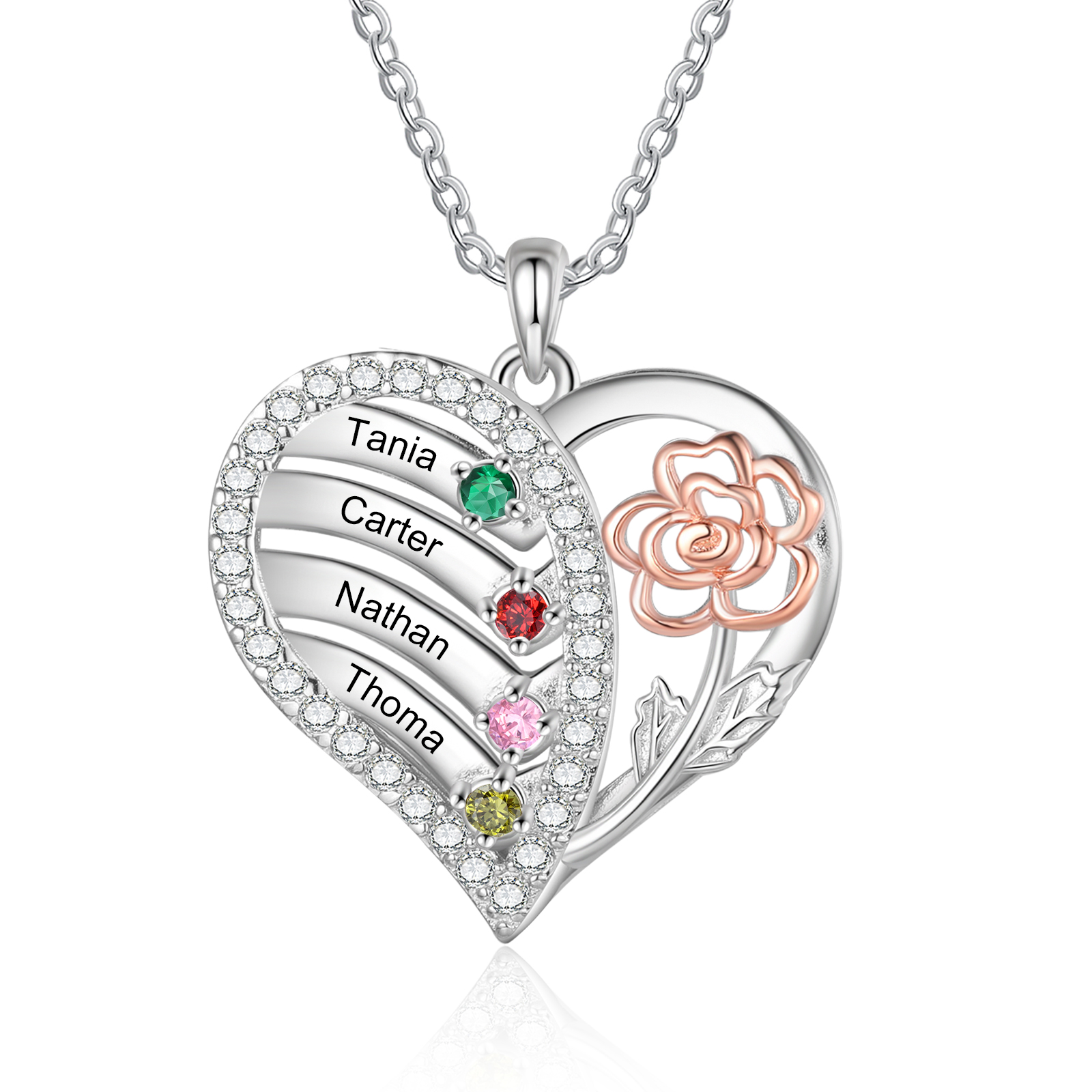 Personalised Heart Birthstone Necklace – Custom 4 Names & 4 Birthstones - Christmas Gift for Her | Jessemade