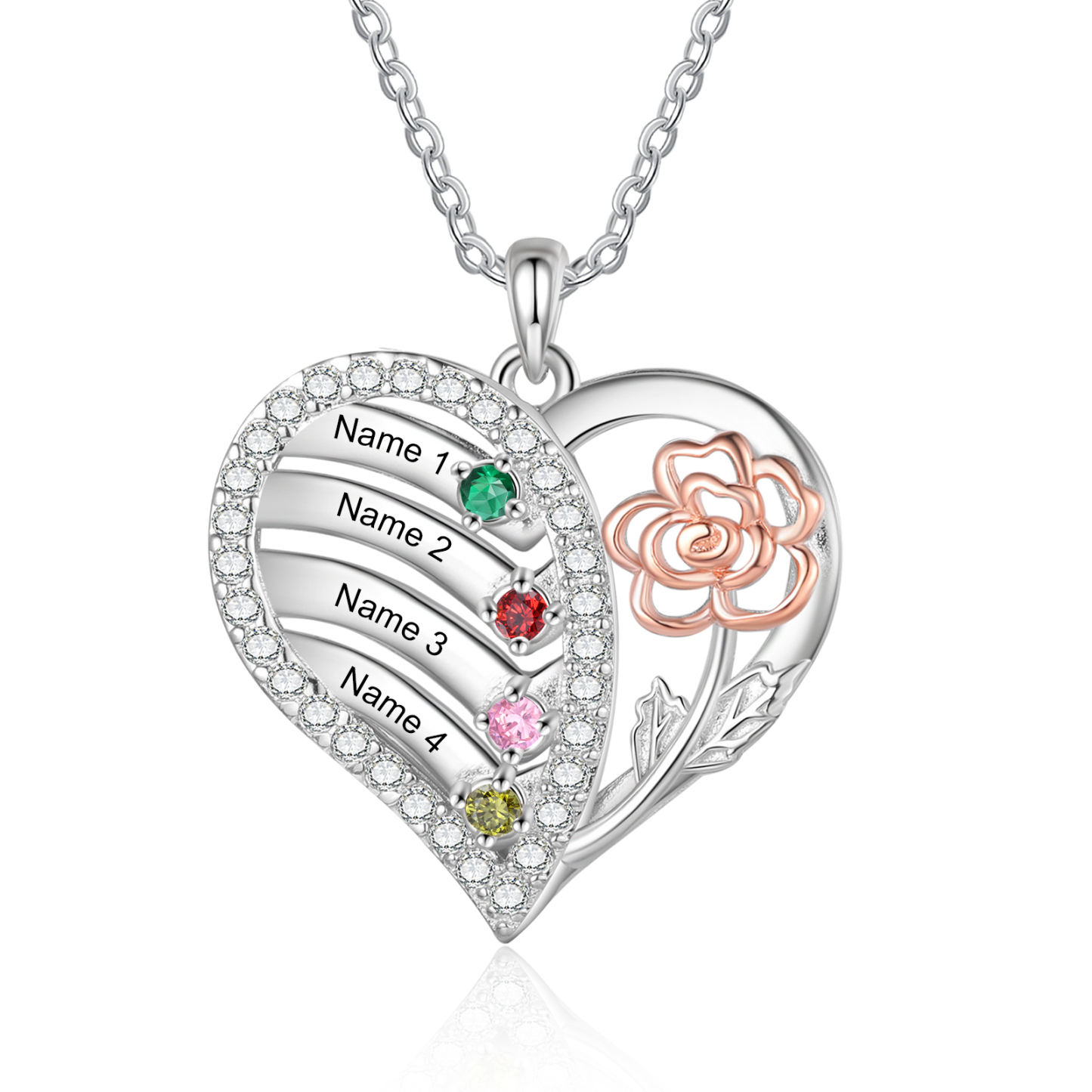 Personalised Heart Birthstone Necklace – Custom 4 Names & 4 Birthstones - Christmas Gift for Her | Jessemade