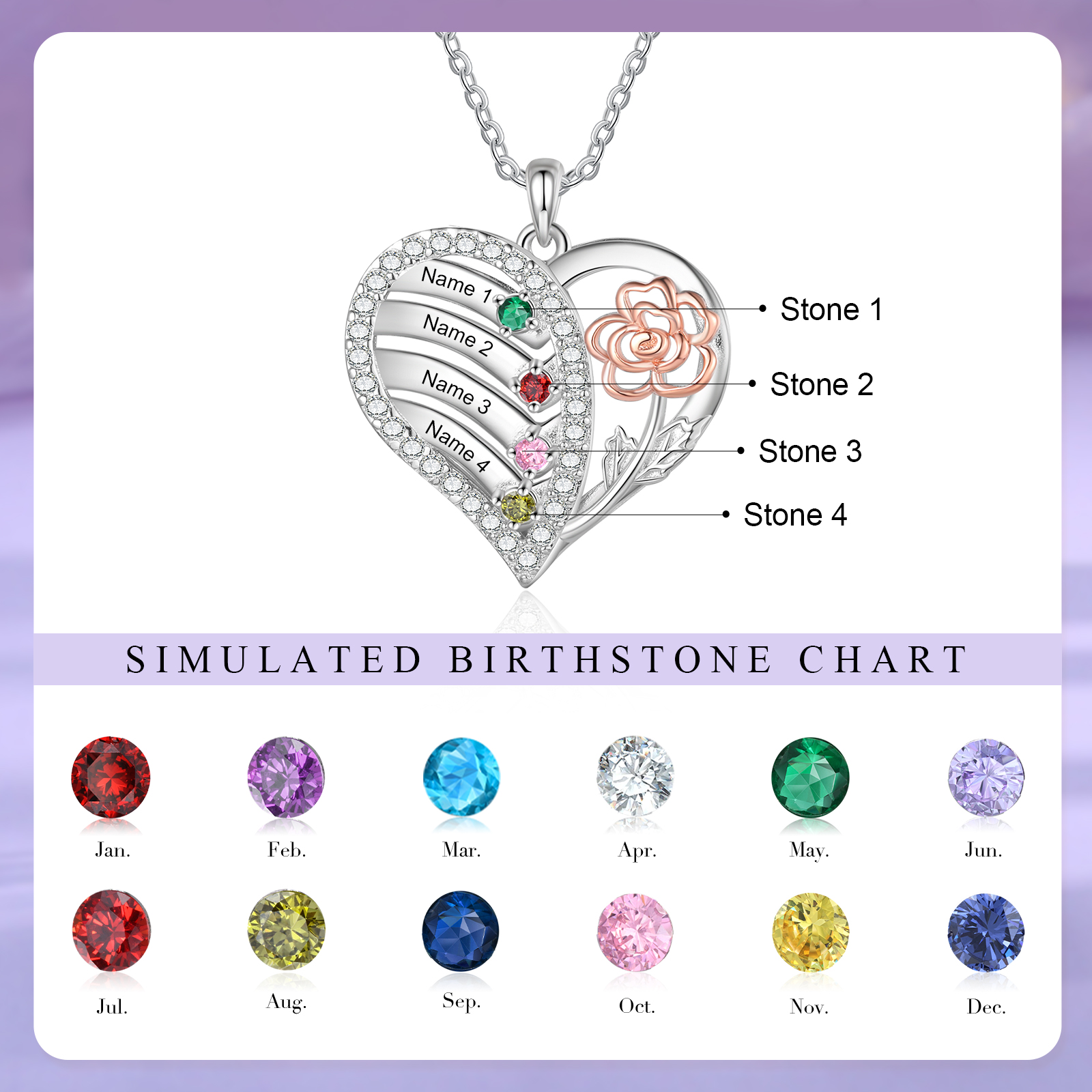 Personalised Heart Birthstone Necklace – Custom 4 Names & 4 Birthstones - Christmas Gift for Her | Jessemade