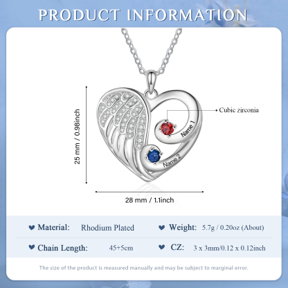 Personalised Heart Angel Wing Birthstone Necklace – Custom 2 Names & 2 Birthstones Gift for Her | Jessemade