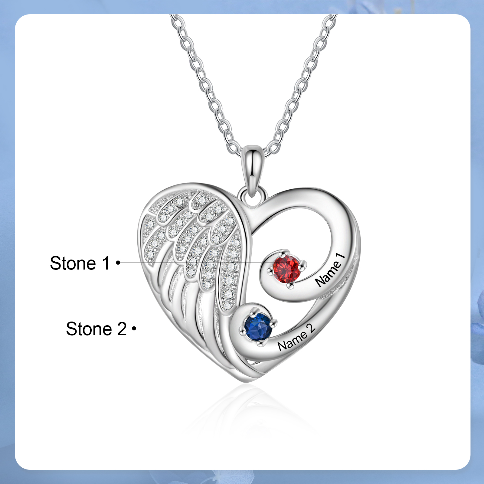 Personalised Heart Angel Wing Birthstone Necklace – Custom 2 Names & 2 Birthstones Gift for Her | Jessemade