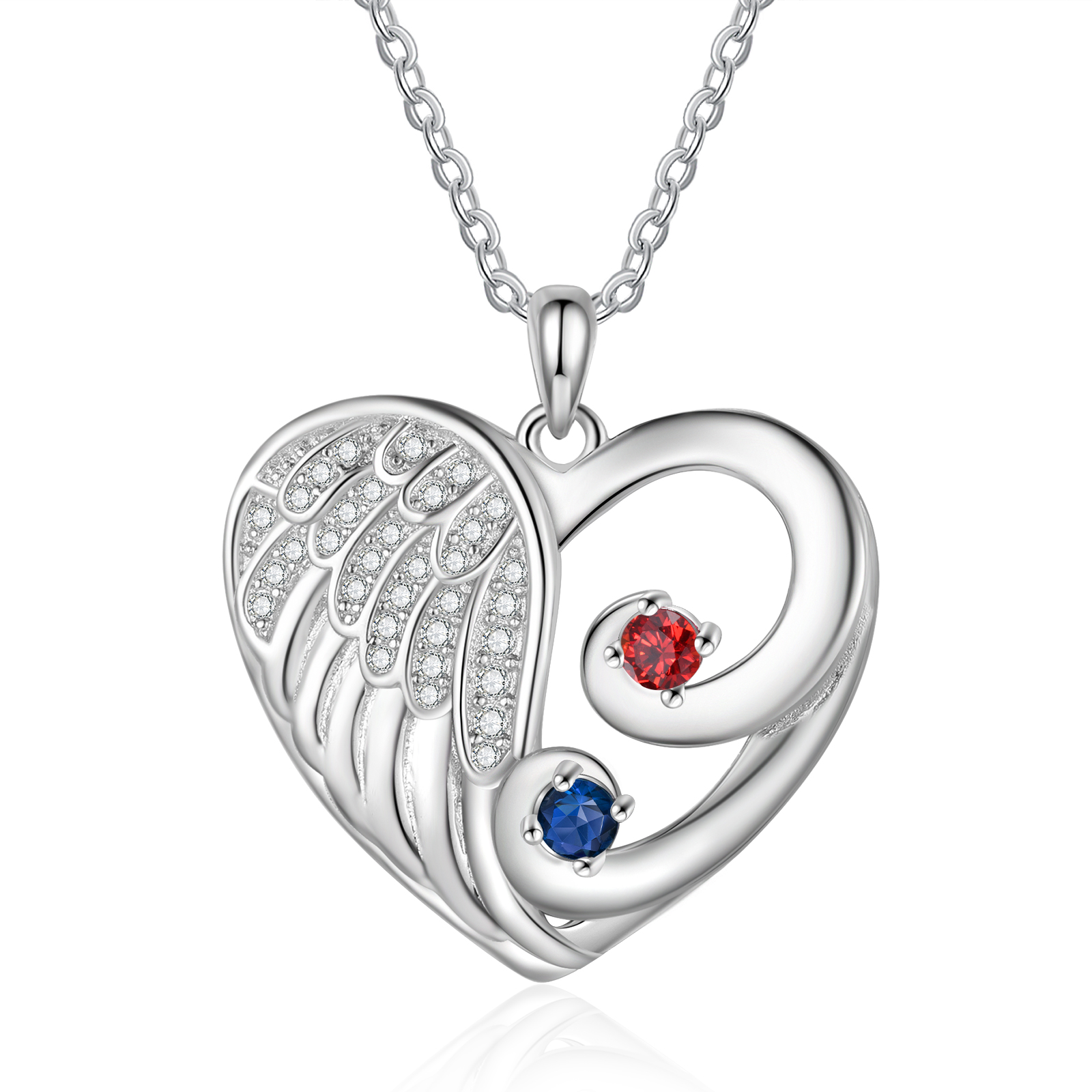 Personalised Heart Angel Wing Birthstone Necklace – Custom 2 Names & 2 Birthstones Gift for Her | Jessemade