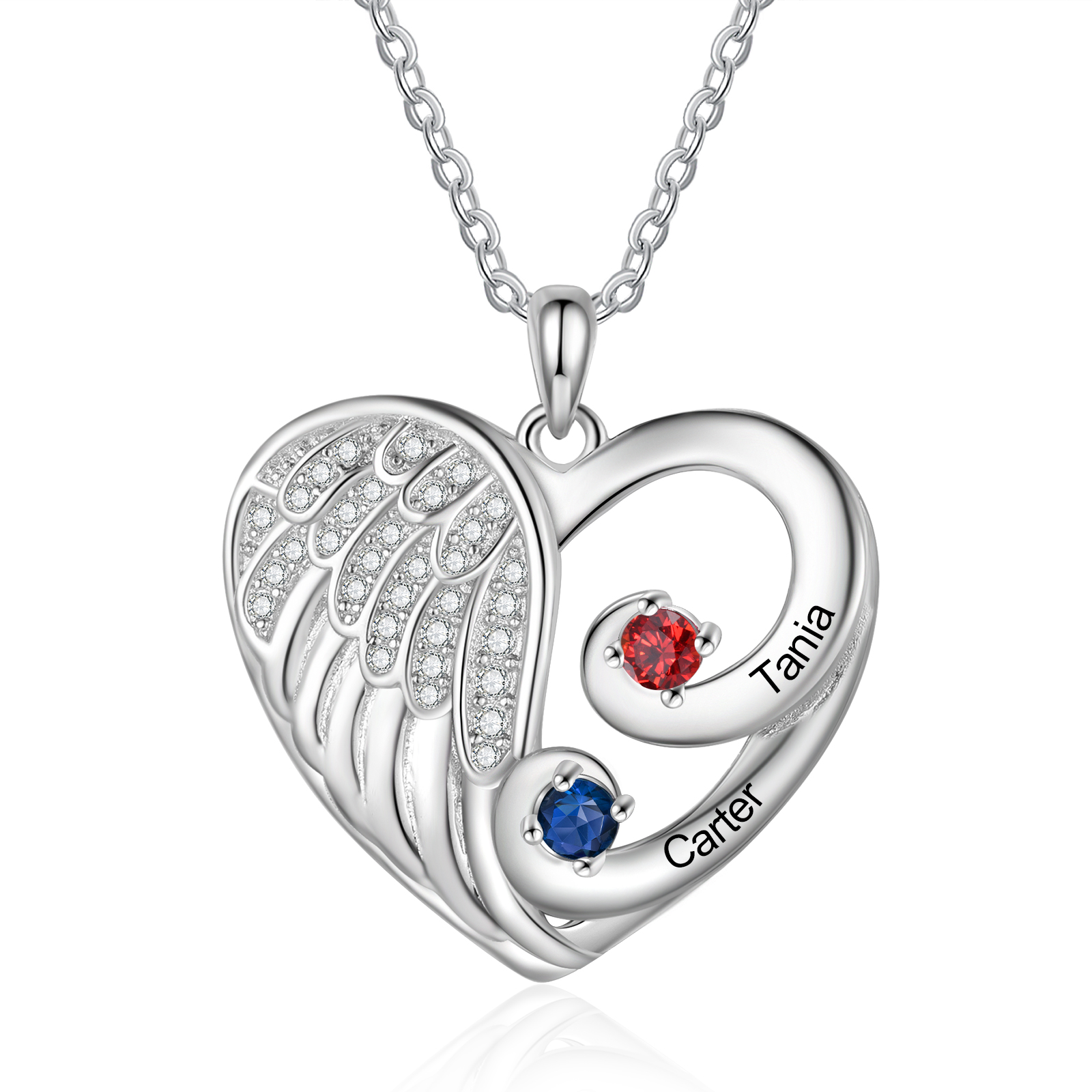Personalised Heart Angel Wing Birthstone Necklace – Custom 2 Names & 2 Birthstones Gift for Her | Jessemade