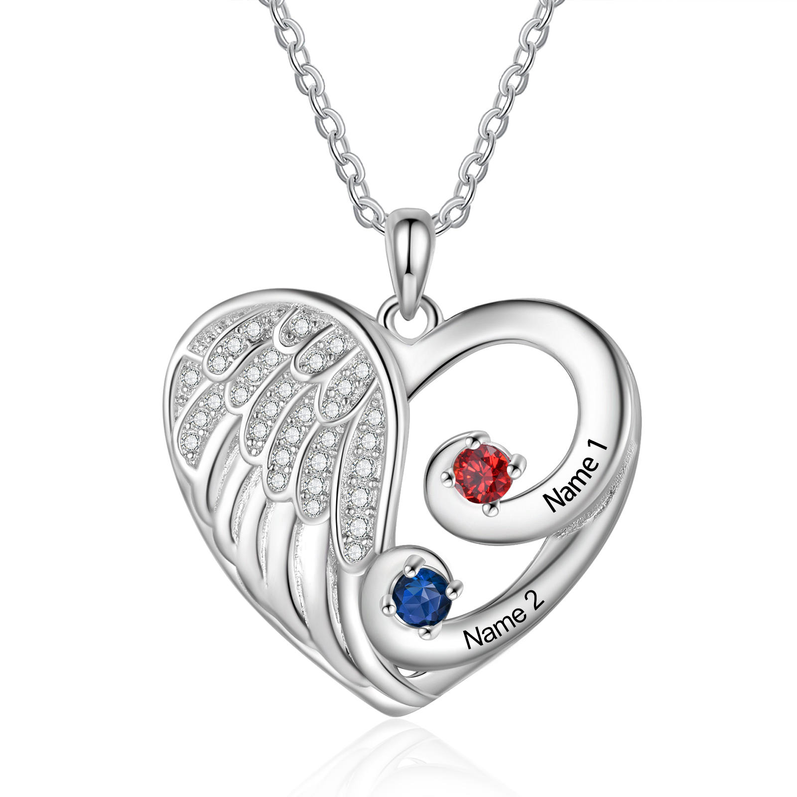Personalised Heart Angel Wing Birthstone Necklace – Custom 2 Names & 2 Birthstones Gift for Her | Jessemade