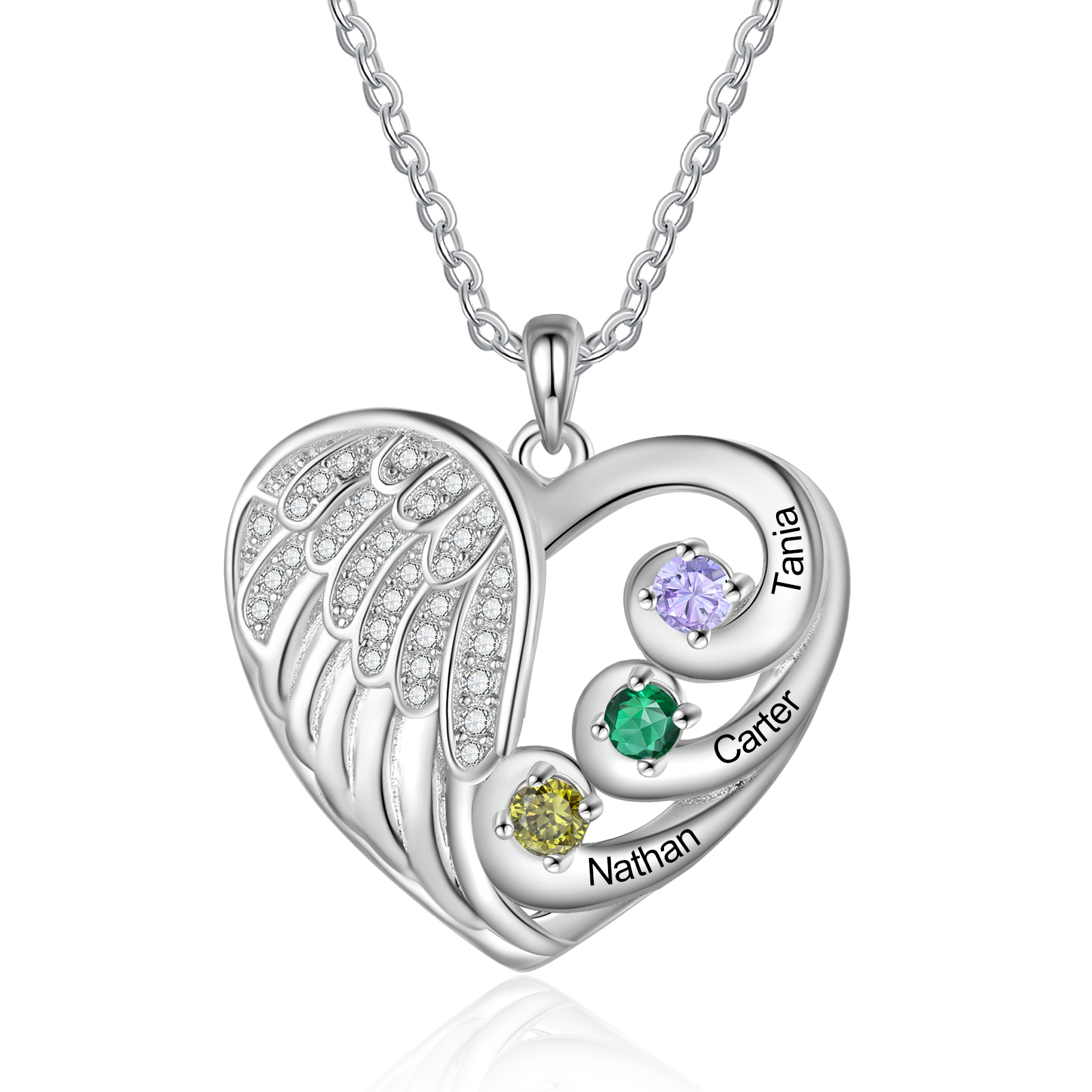 Personalised Heart Angel Wing Birthstone Necklace – Custom 3 Names & 3 Birthstones Gift for Her | Jessemade