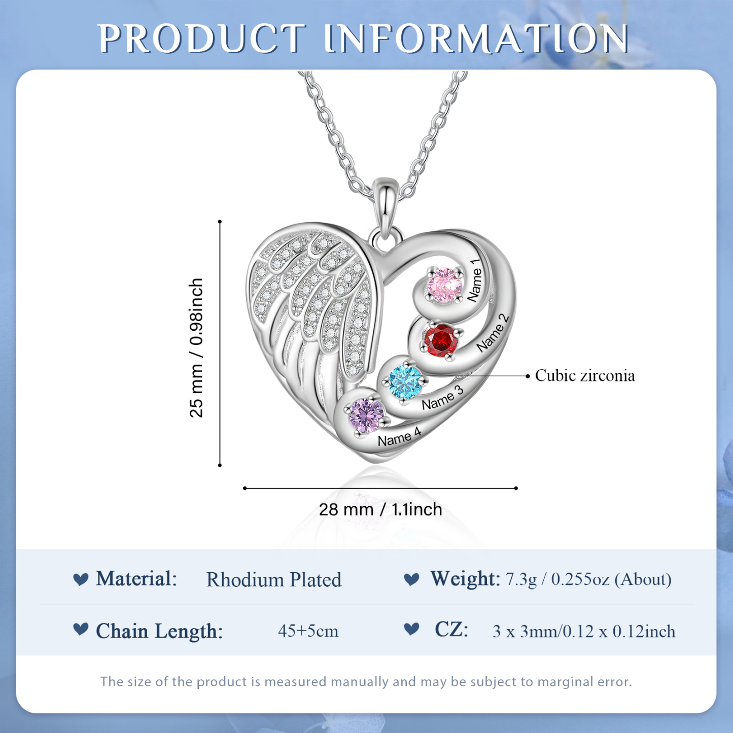 Personalised Heart Angel Wing Birthstone Necklace – Custom 4 Names & 4 Birthstones Gift for Her | Jessemade