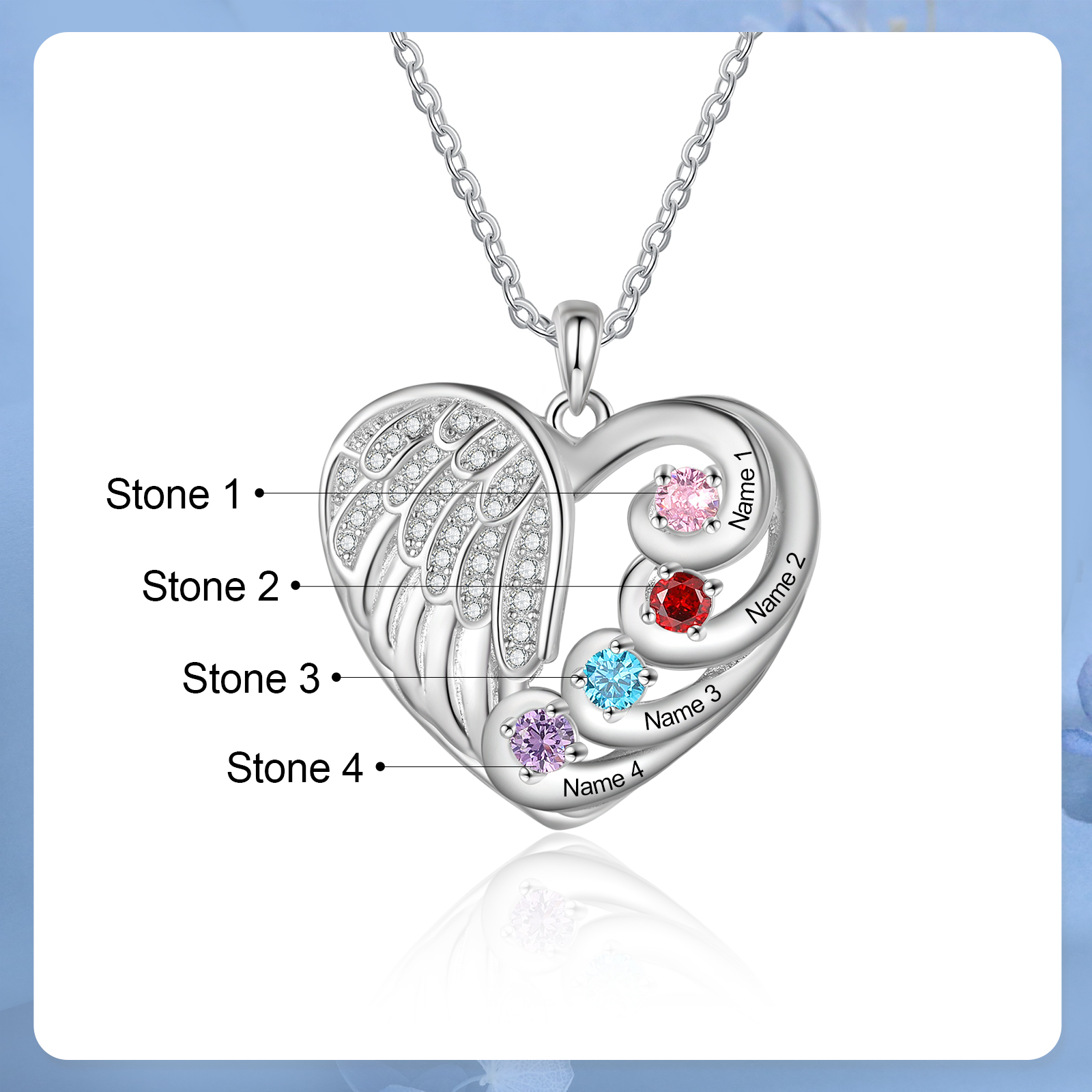 Personalised Heart Angel Wing Birthstone Necklace – Custom 4 Names & 4 Birthstones Gift for Her | Jessemade