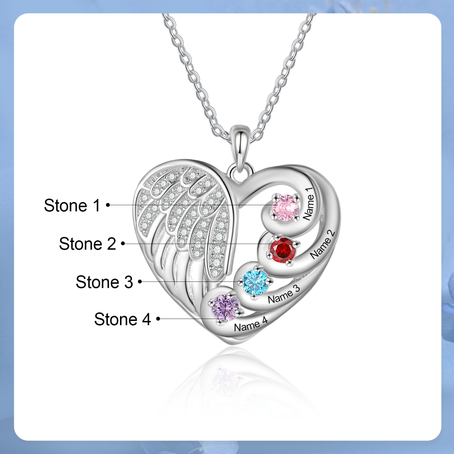 Personalised Heart Angel Wing Birthstone Necklace – Custom 4 Names & 4 Birthstones Gift for Her | Jessemade