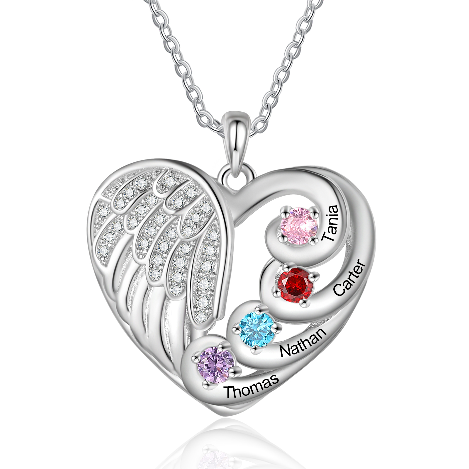 Personalised Heart Angel Wing Birthstone Necklace – Custom 4 Names & 4 Birthstones Gift for Her | Jessemade