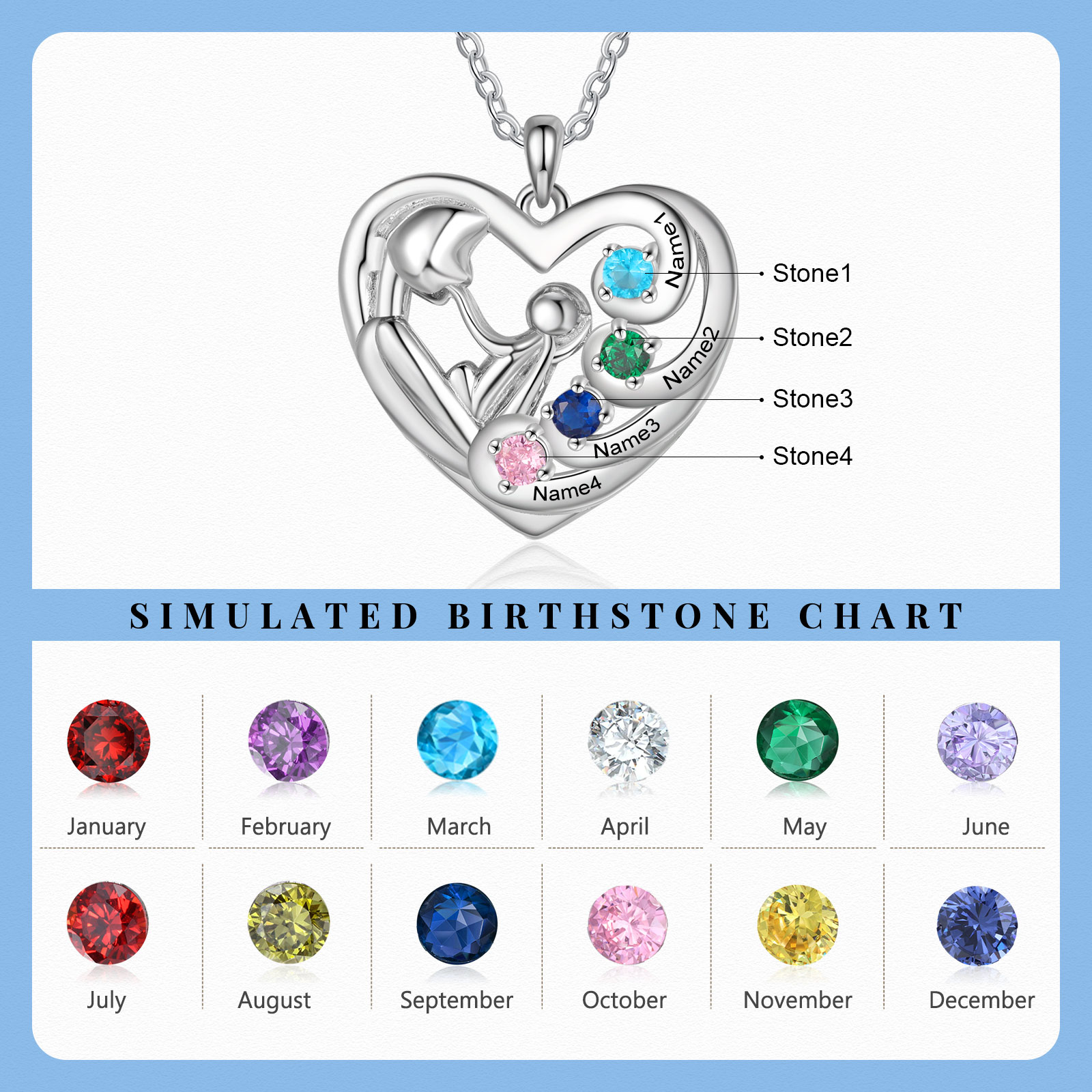 Personalised Heart Necklace with 4 Names & 4 Birthstones Jewelry Pendant Gift for Her | Jessemade