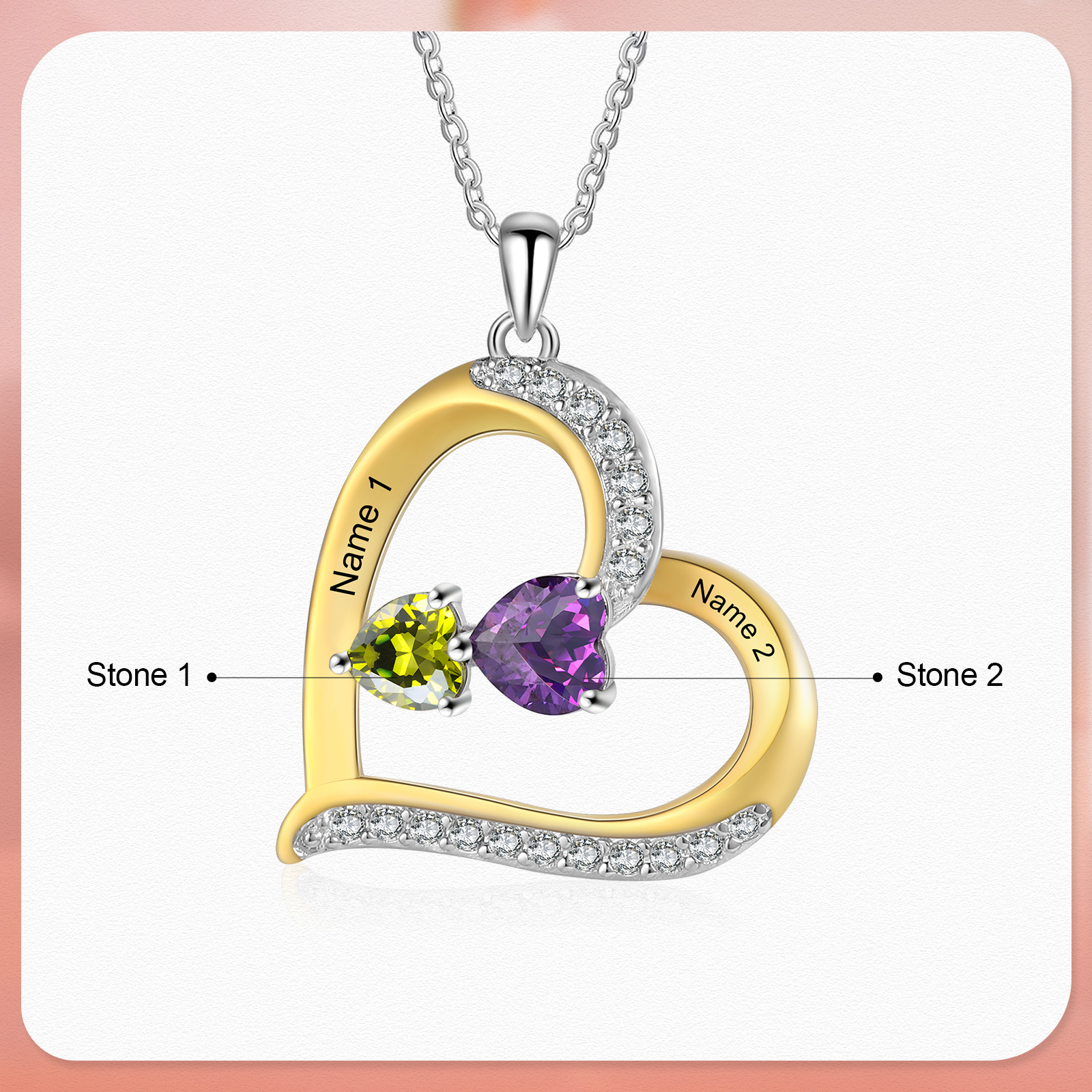 Personalised Women's Necklace with 2 Names & 2 Birthstones - Heart Pendant Christmas Gift for Her | Jessemade