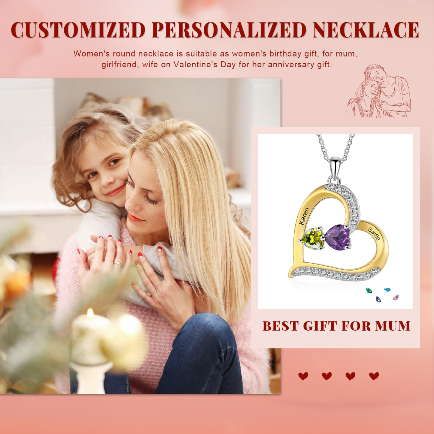 Personalised Women's Necklace with 2 Names & 2 Birthstones - Heart Pendant Christmas Gift for Her | Jessemade