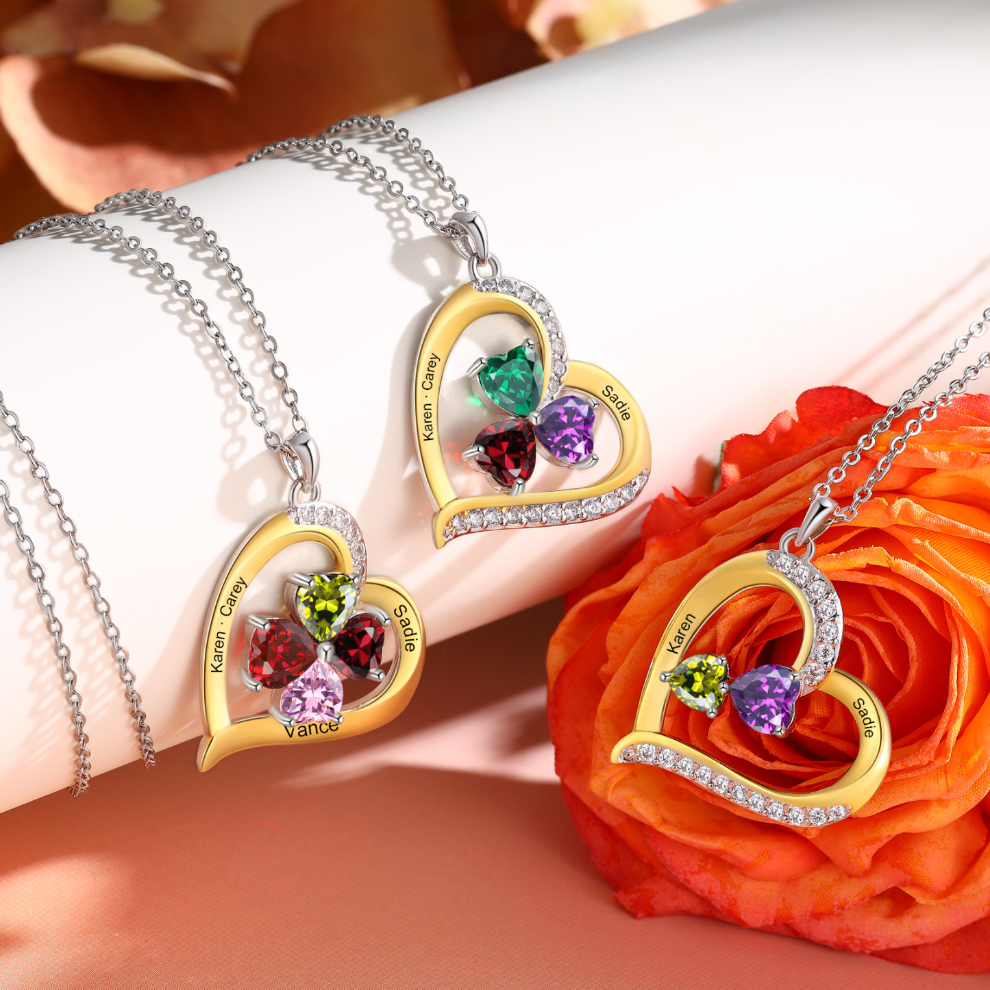 Personalised Women's Necklace with 3 Names & 3 Birthstones - Heart Pendant Christmas Gift for Her | Jessemade