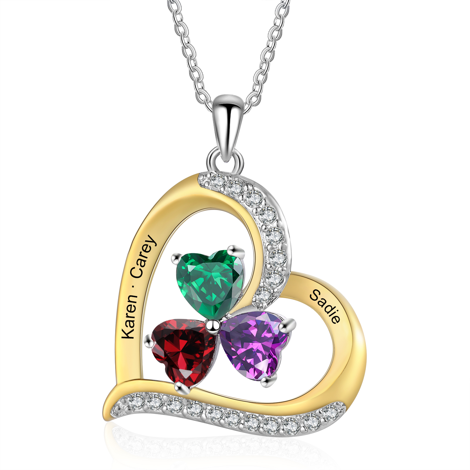 Personalised Women's Necklace with 3 Names & 3 Birthstones - Heart Pendant Christmas Gift for Her | Jessemade