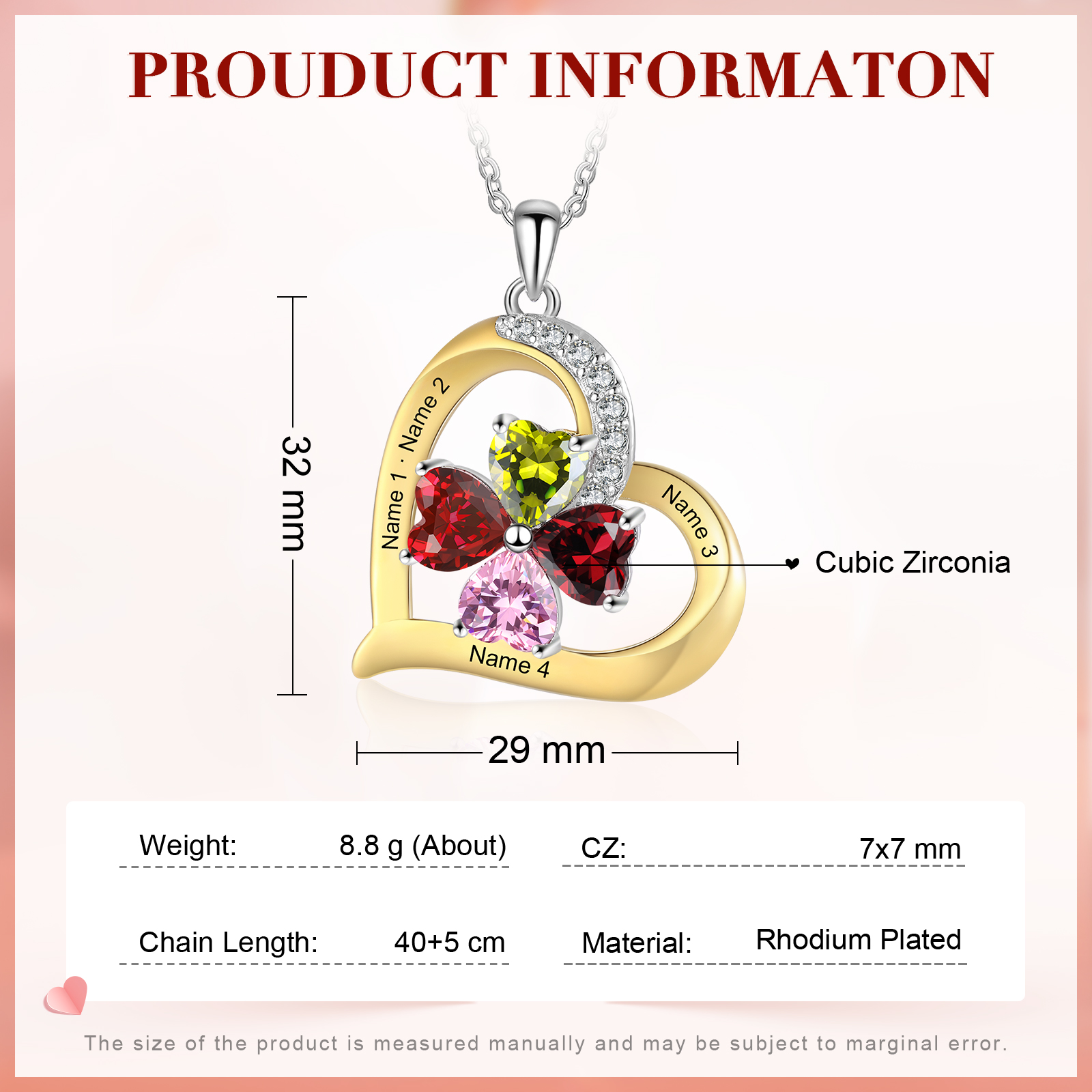 Personalised Women's Necklace with 4 Names & 4 Birthstones - Heart Pendant Christmas Gift for Her | Jessemade