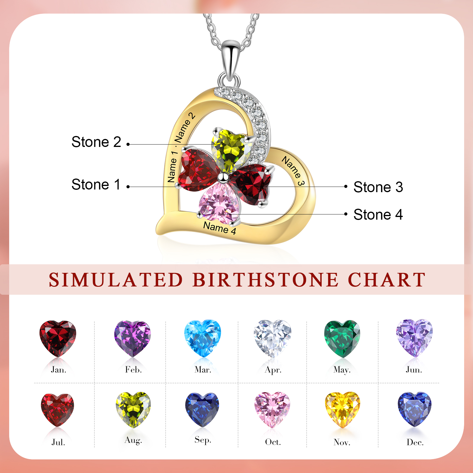 Personalised Women's Necklace with 4 Names & 4 Birthstones - Heart Pendant Christmas Gift for Her | Jessemade
