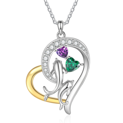Personalised Dolphin Heart Necklace with Custom 2 Names & 2 Birthstones Christmas Gift for Her | Jessemade