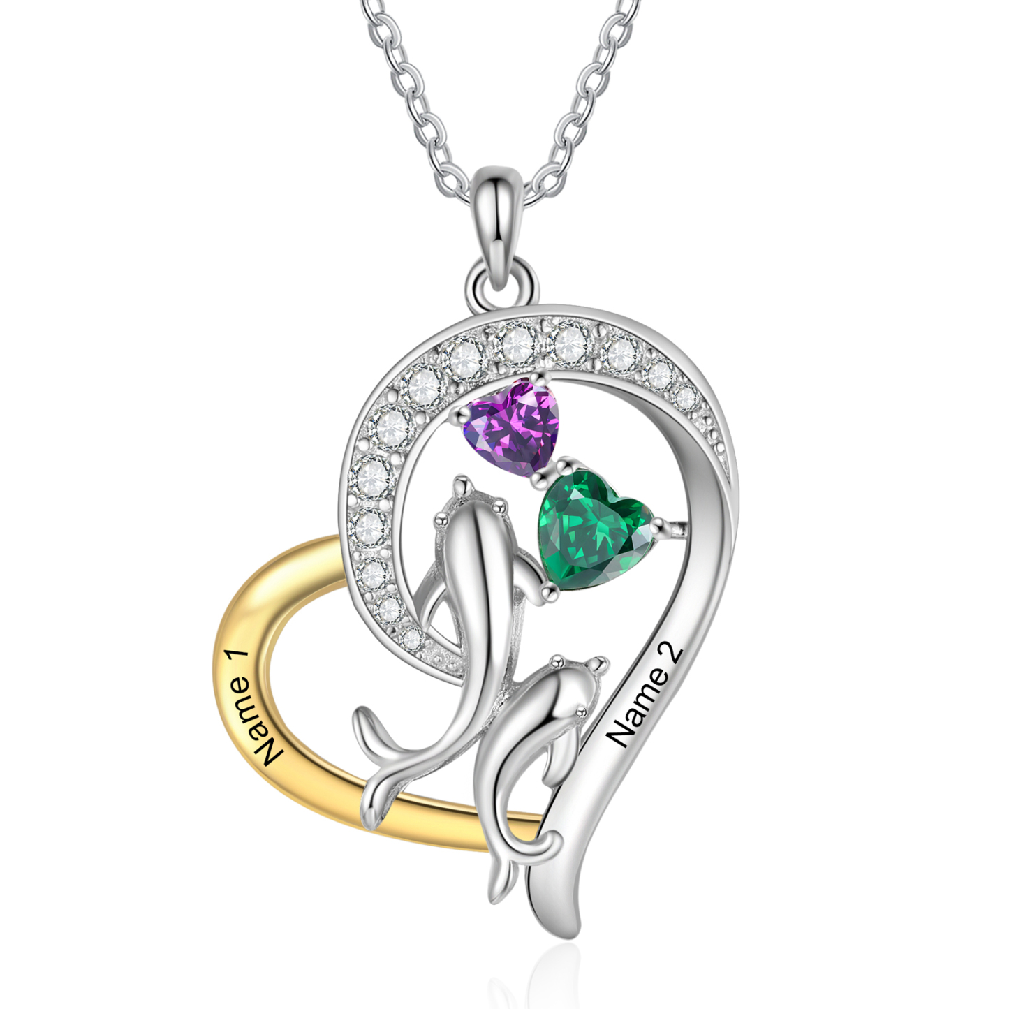 Personalised Dolphin Heart Necklace with Custom 2 Names & 2 Birthstones Christmas Gift for Her | Jessemade