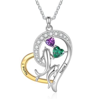 Personalised Dolphin Heart Necklace with Custom 2 Names & 2 Birthstones Christmas Gift for Her | Jessemade