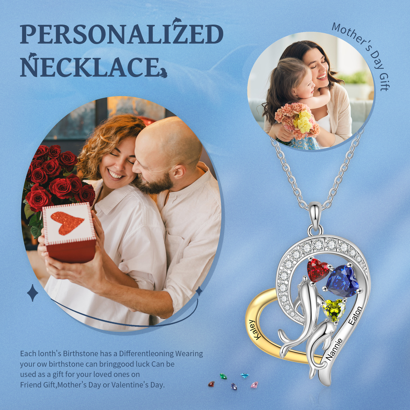 Personalised Dolphin Heart Necklace with Custom 3 Names & 3 Birthstones Christmas Gift for Her | Jessemade